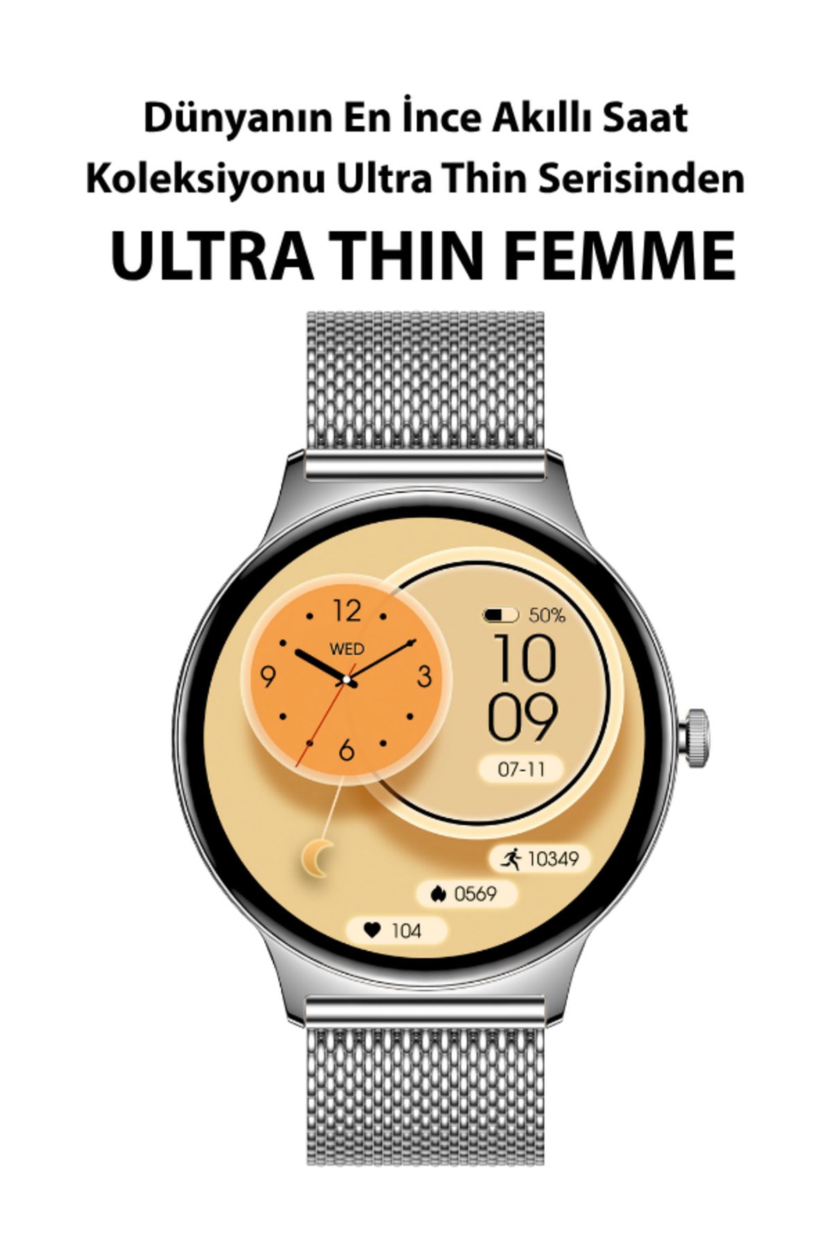 LOGIA Ultra Thin Femme Akıllı Saat Yuvarlak Çelik Kasa Metal Kordon Gümüş