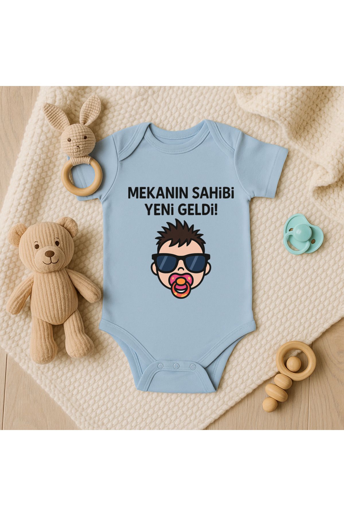 Magic Bravo %100 Pamuk Mekanın Sahibi Yeni Geldi Baskılı Mavi Bebek Çıtçıtlı Badi Zıbın Body
