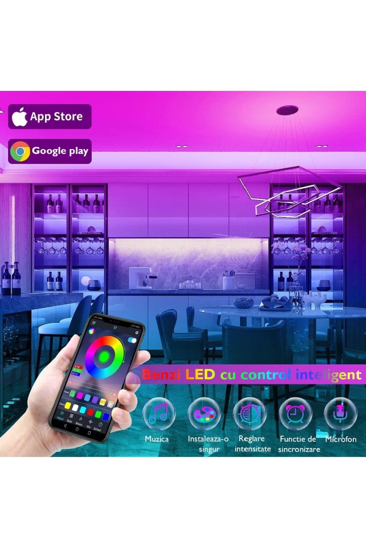 MaGeCa-Kit Banda Led 5050 Rgb, 10m, Control App/bluetooth/telecomanda, 12v, Multicolor 5