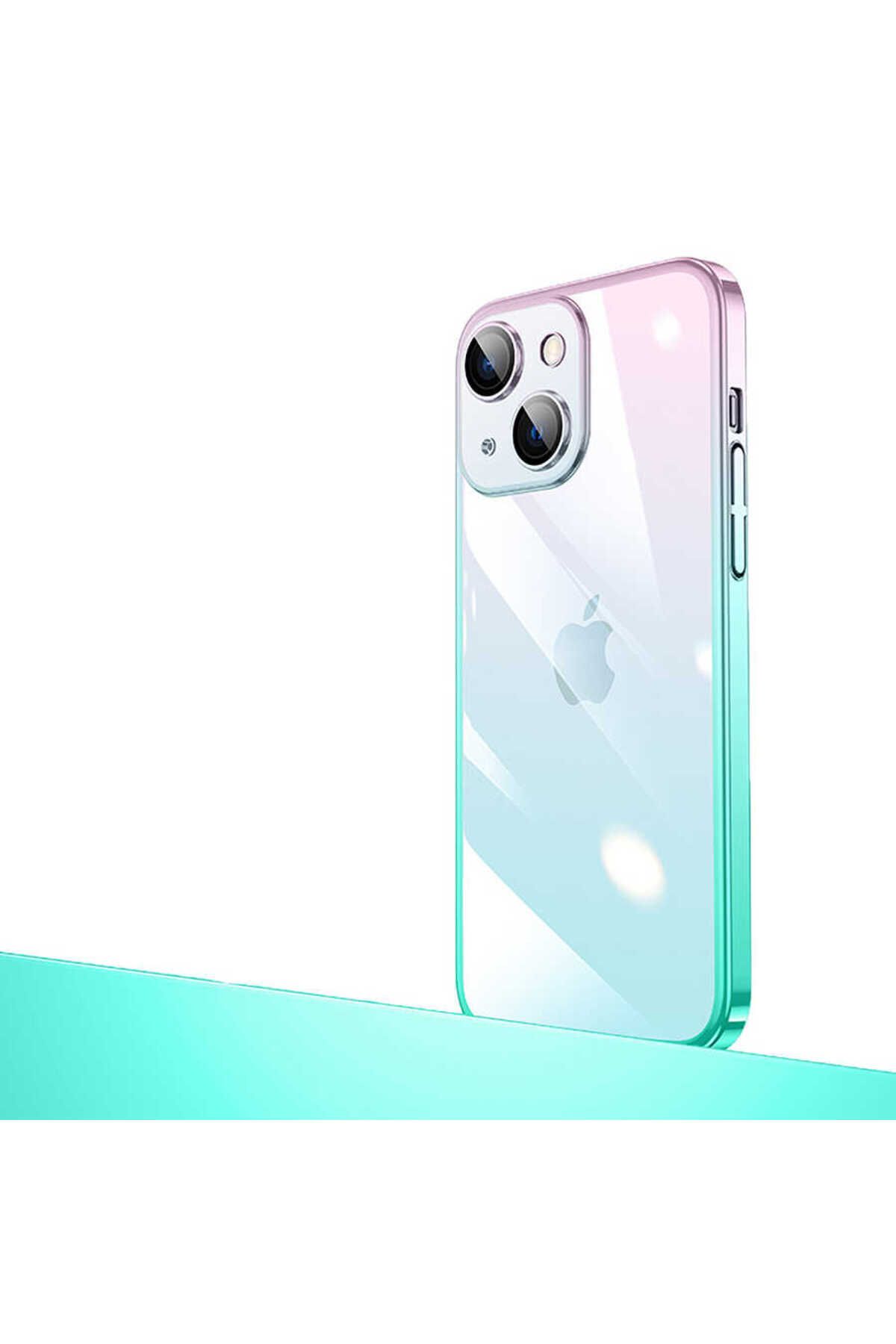 System Com iPhone 14 Uyumlu Parlak Renk Geçişli Kamera Korumalı SYS Senkron Kılıf-Pembe-Mavi