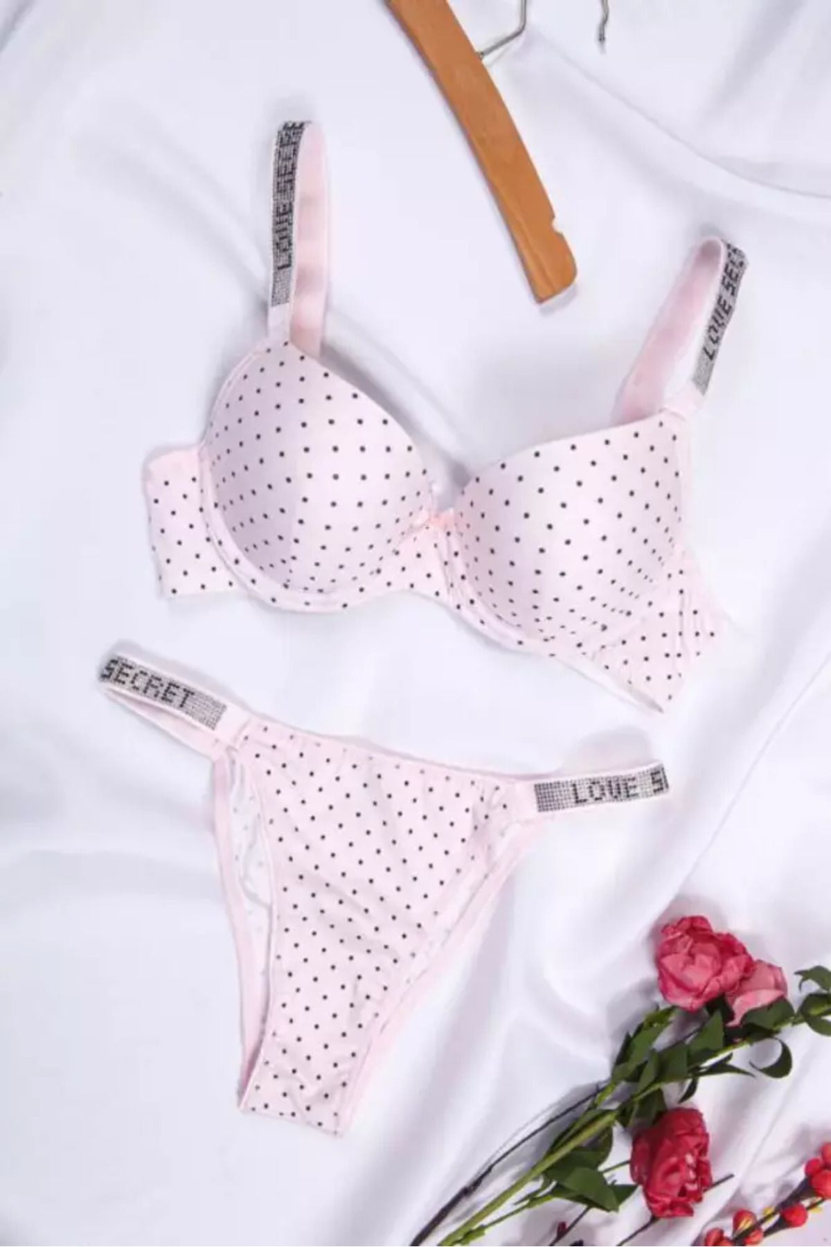 Star Tılsım Lingerie Kadın Puanlı Baskılı Mikro Kumaş Taşlı Askılı Sütyen Takım