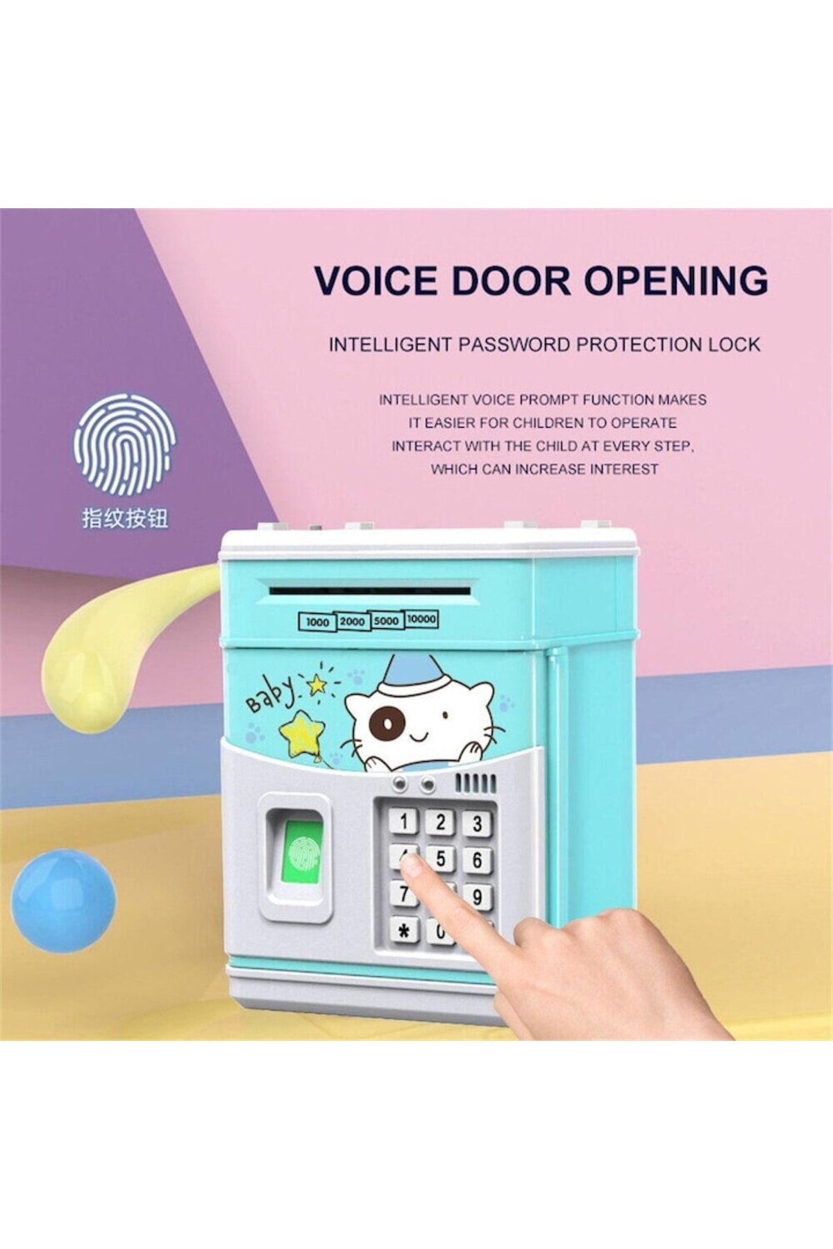 SMARTECH-Pușculiță pentru copii cu cod PIN și amprentă, albastru deschis 3