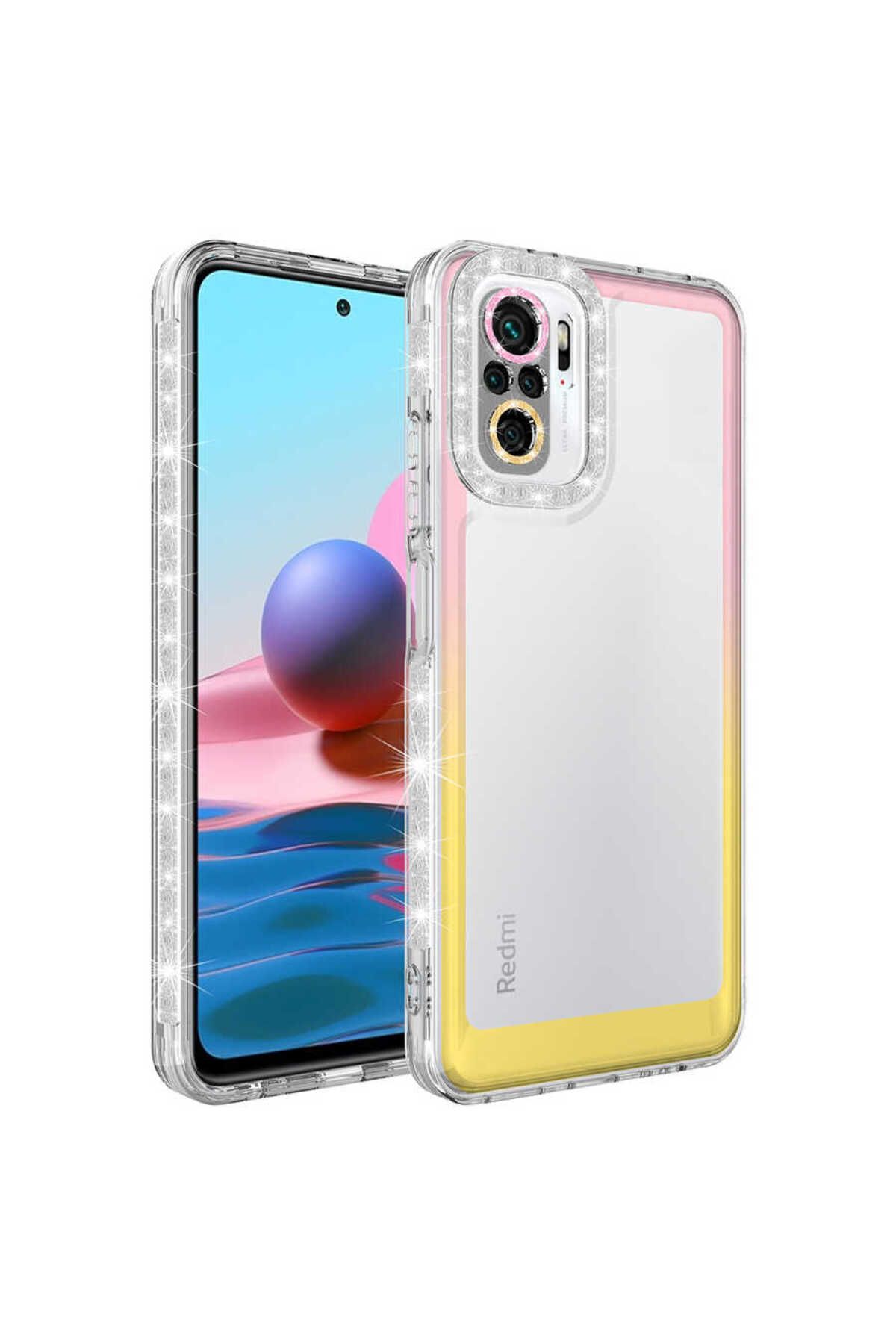 System Com Redmi Note 10 Kılıf Simli ve Renk Geçiş Tasarımlı Lens Korumalı SYS Park Kapak - Pembe-Sarı