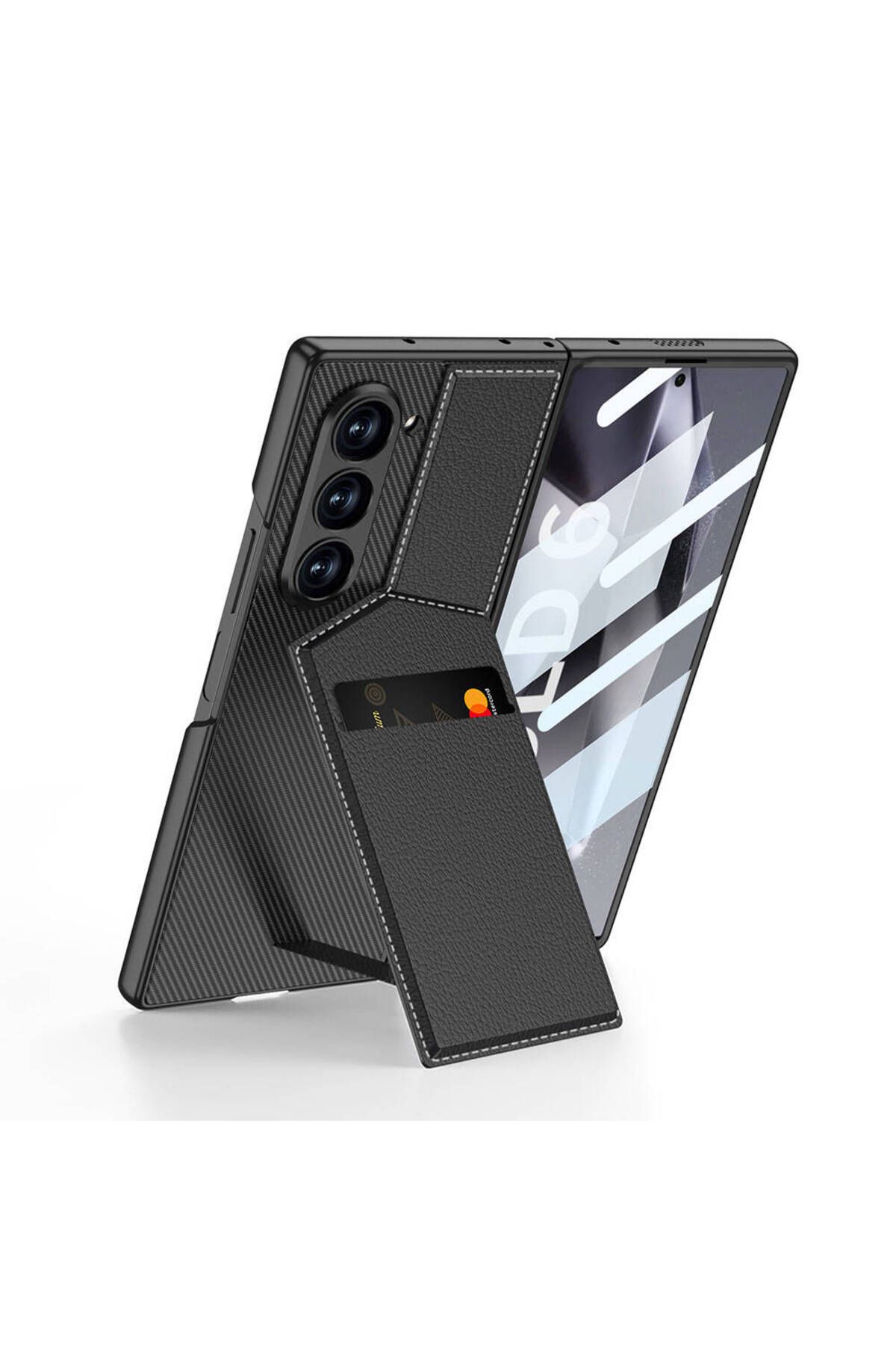 UMEYIR Galaxy Z Fold 6 Kılıf Karbon Fiber Deri Kartlıklı SYS Kıpta Dik Açılan Kartlıklı Kapak-Siyah