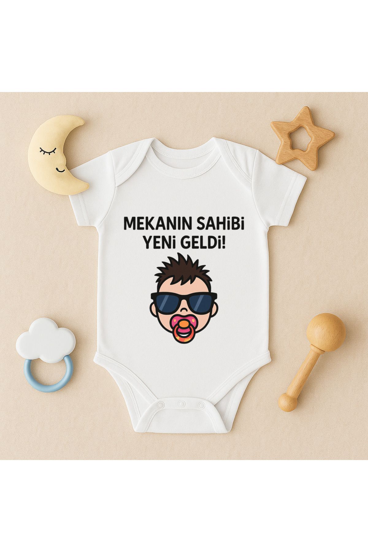 Magic Bravo %100 Pamuk Mekanın Sahibi Yeni Geldi Baskılı Beyaz Bebek Çıtçıtlı Badi Zıbın Body