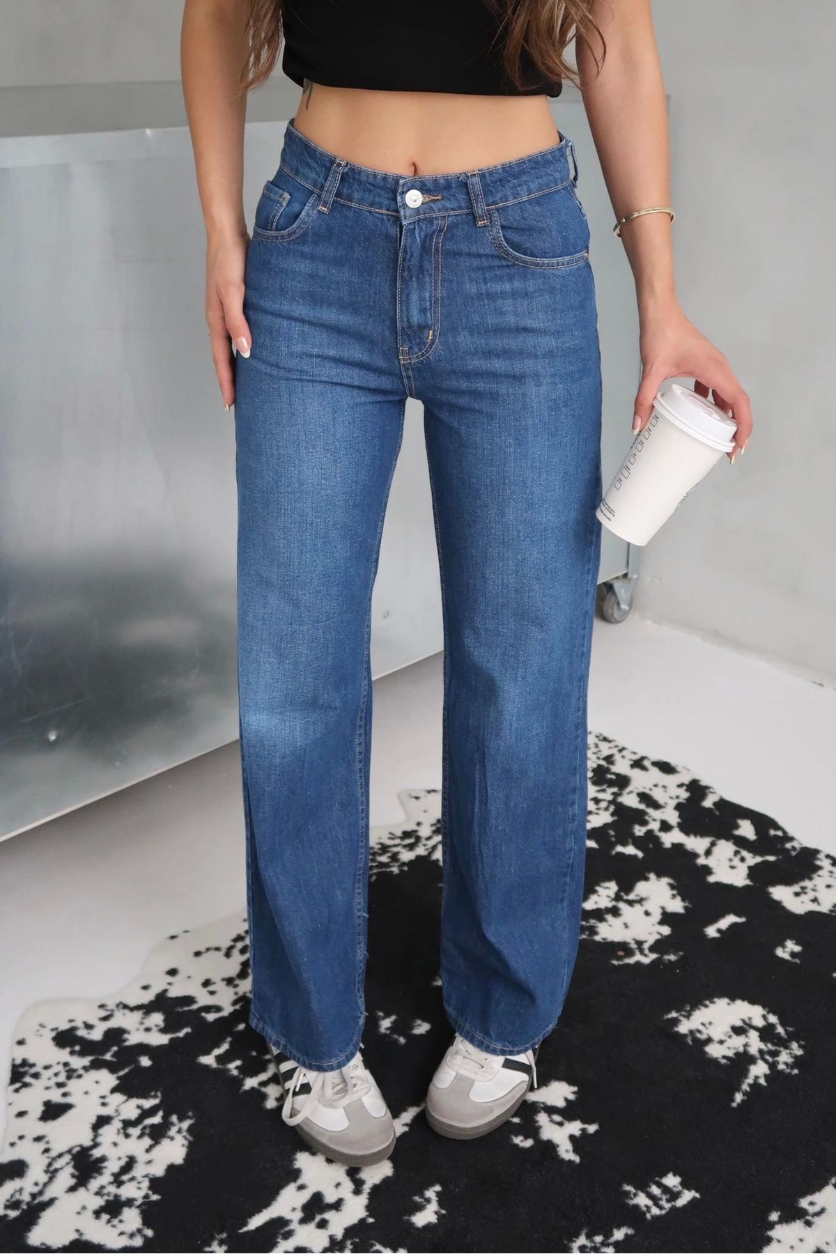 Tam12den Home Kadın Geniş Bol Paça Regular Fit Jean Kot Pantolon Mavi