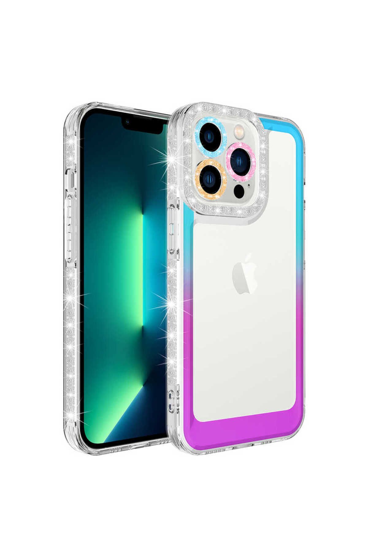 System Com iPhone 13 Pro Max Uyumlu Simli ve Renk Geçiş Tasarımlı LSYS Korumalı SYS Park Kılıf-Mavi-Mor