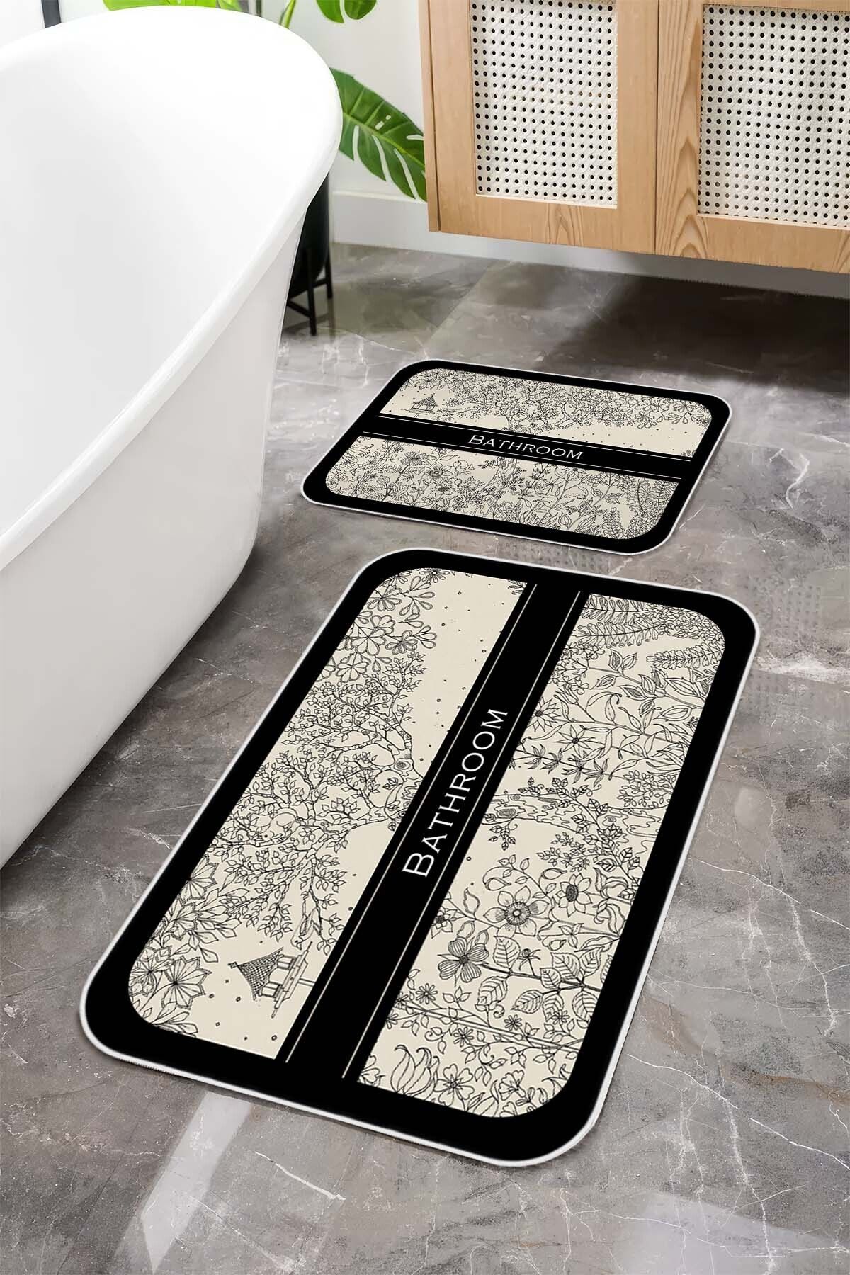 Argento Makinede Yıkanabilir Kaymaz Taban Modern Desenli Siyah 2'li Banyo Paspas Takımı 60x90+40x60