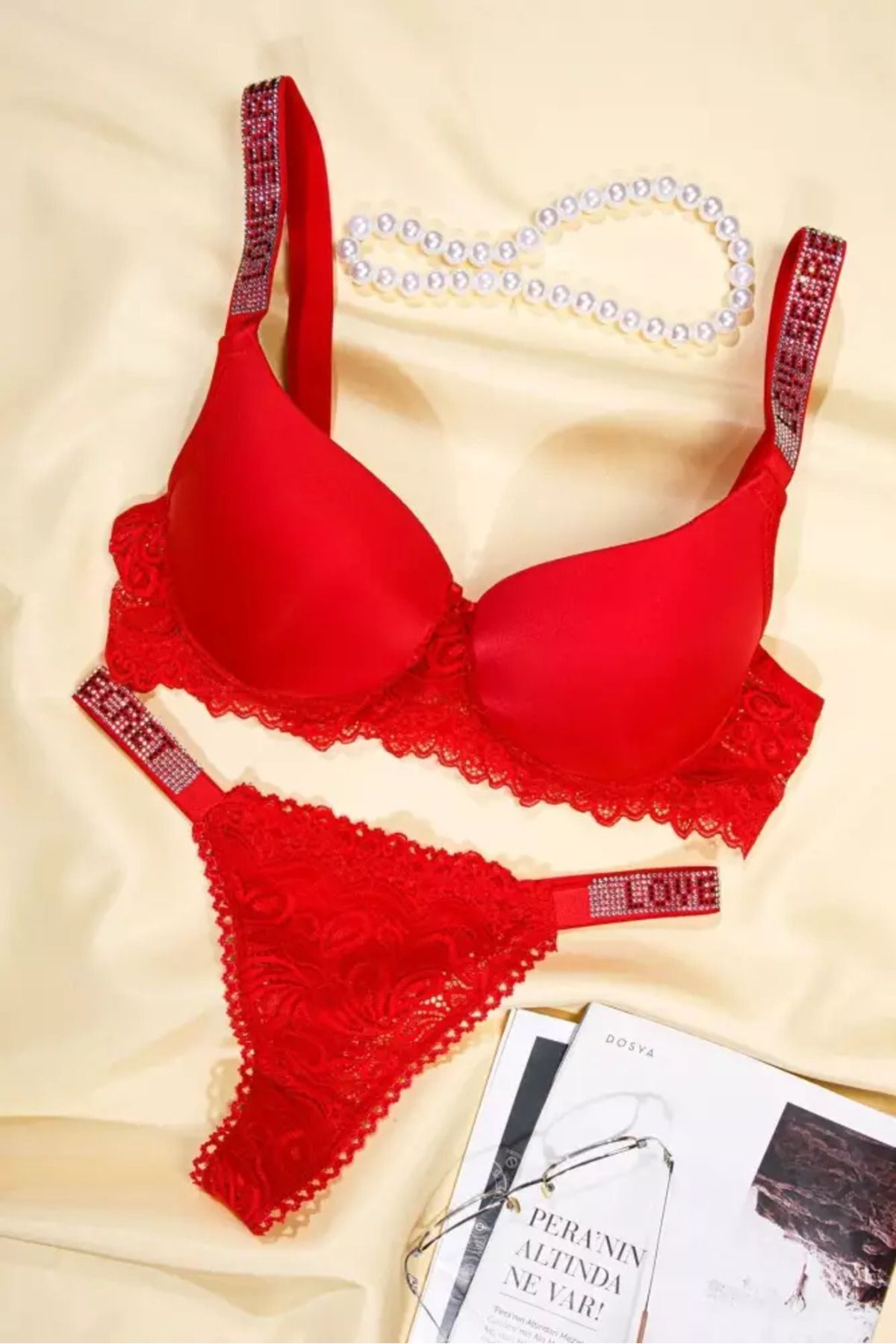 Star Tılsım Lingerie Kırmızı Love Secret Taşlı Mikro Dolgulu Sütyen Takım 250