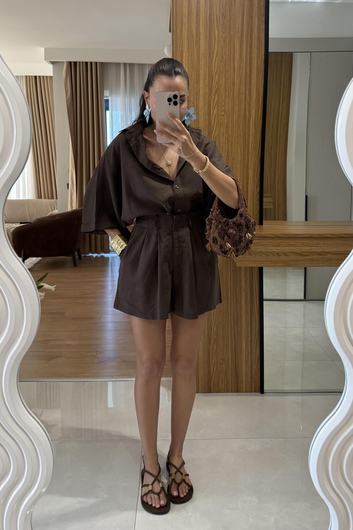 Gizem Ecemiş Mareis Kahve Gömlek Şort Keten Takım