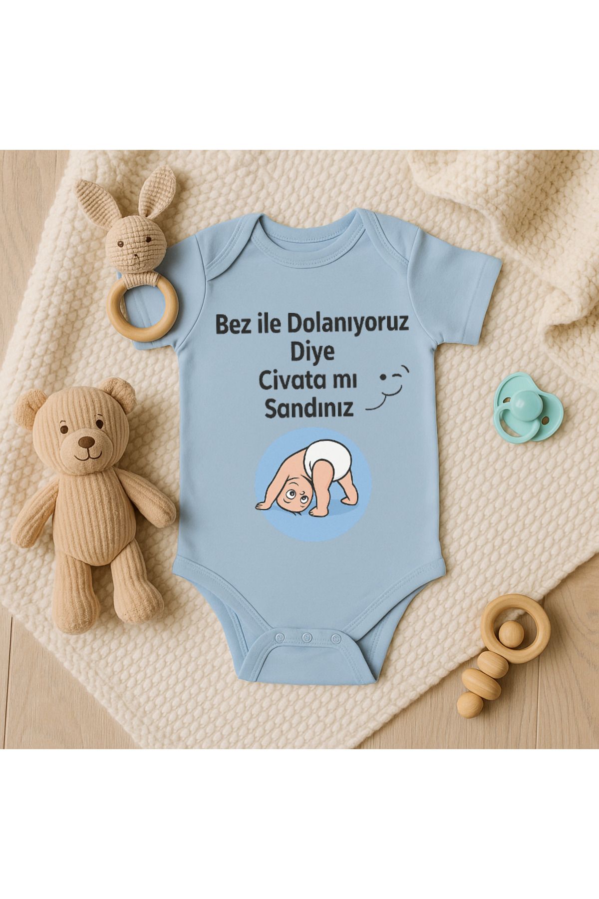 Magic Bravo %100 Pamuk Bez İle Dolaşıyoz Diye Cıvatamı Sandınız Baskılı Mavi Bebek Çıtçıtlı Badi Zıbın Body