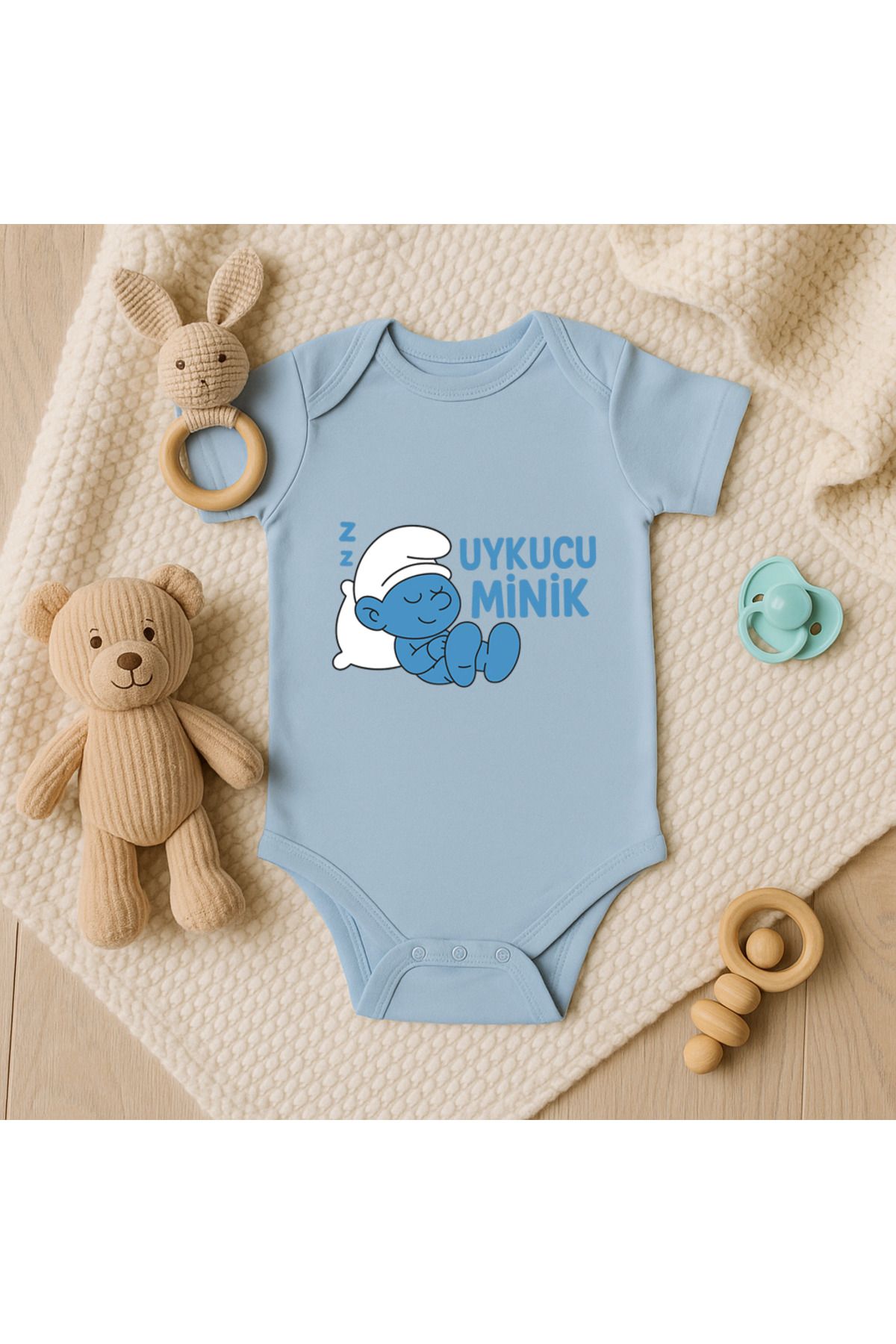 Magic Bravo %100 Pamuk Uykucu Minik Baskılı Mavi Bebek Çıtçıtlı Badi Zıbın Body