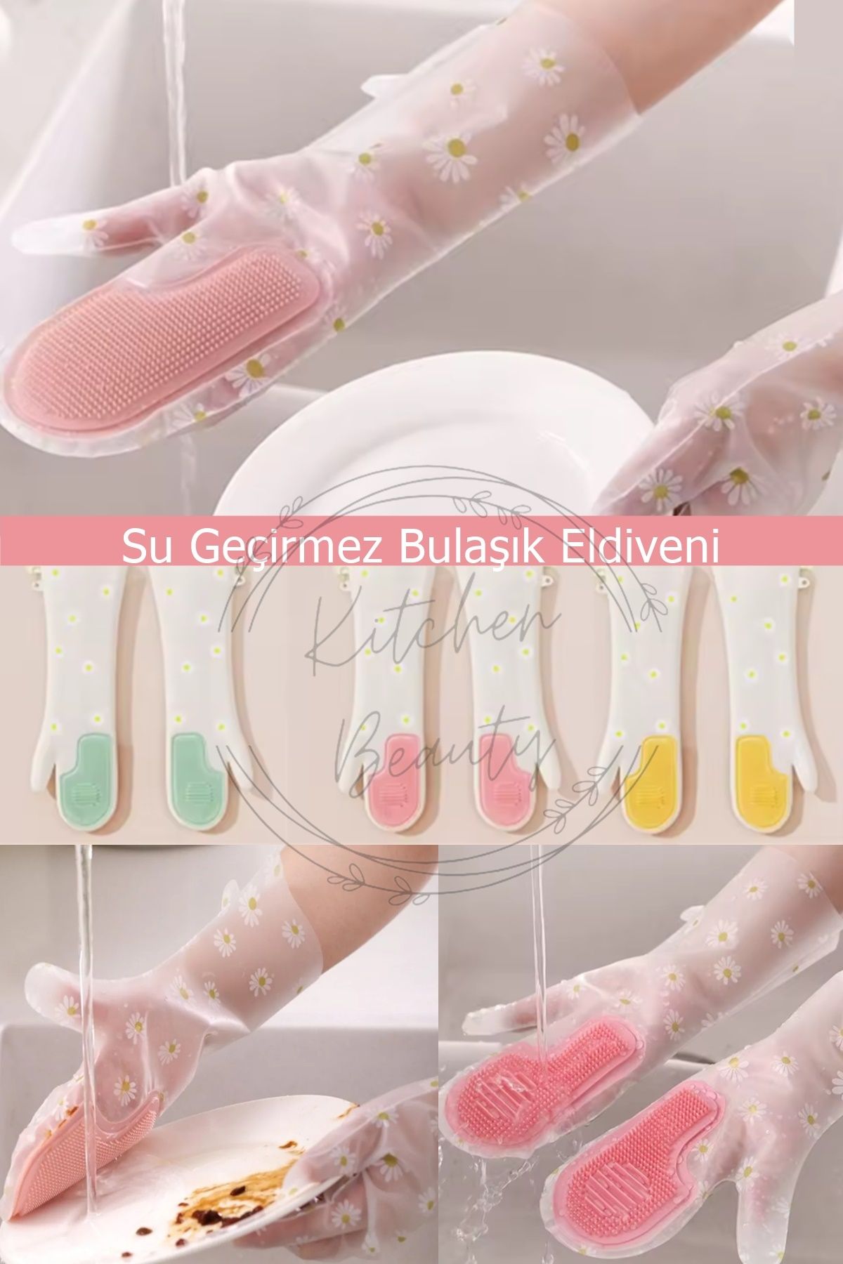 Kitchen Beauty Silikon Uç Detaylı Ultra Hijyenik Bulaşık Yıkama Eldiveni Su Geçirmez Bulaşık Ve Temizlik Eldiveni