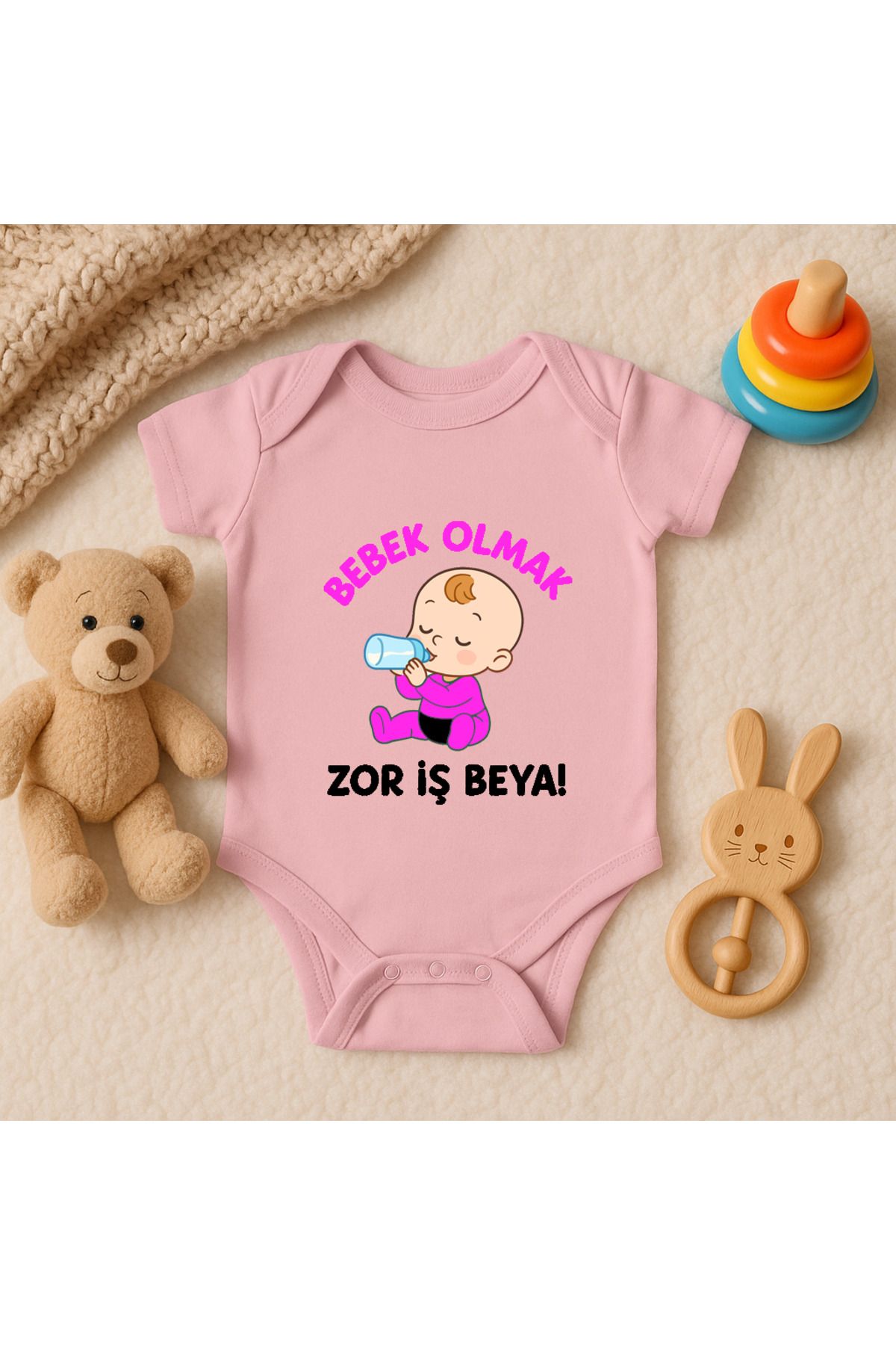 Magic Bravo %100 Pamuk Bebek Olmak Zor İş Beya Baskılı Pembe Bebek Çıtçıtlı Badi Zıbın Body