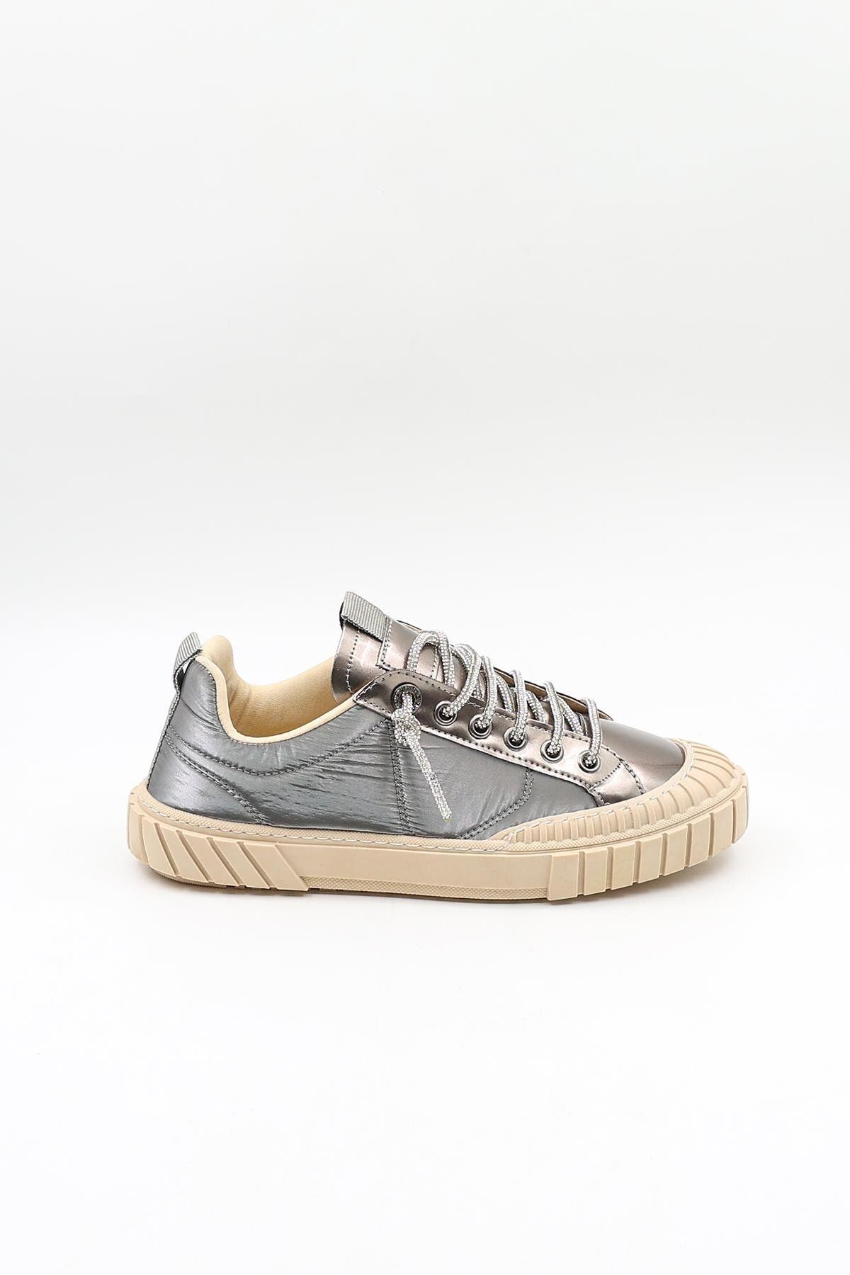 KRISTE BELL Paraşüt Kumaş Taşlı Bağcıklı Sneaker Kadın Spor Ayakkabı Kb2304 Platin