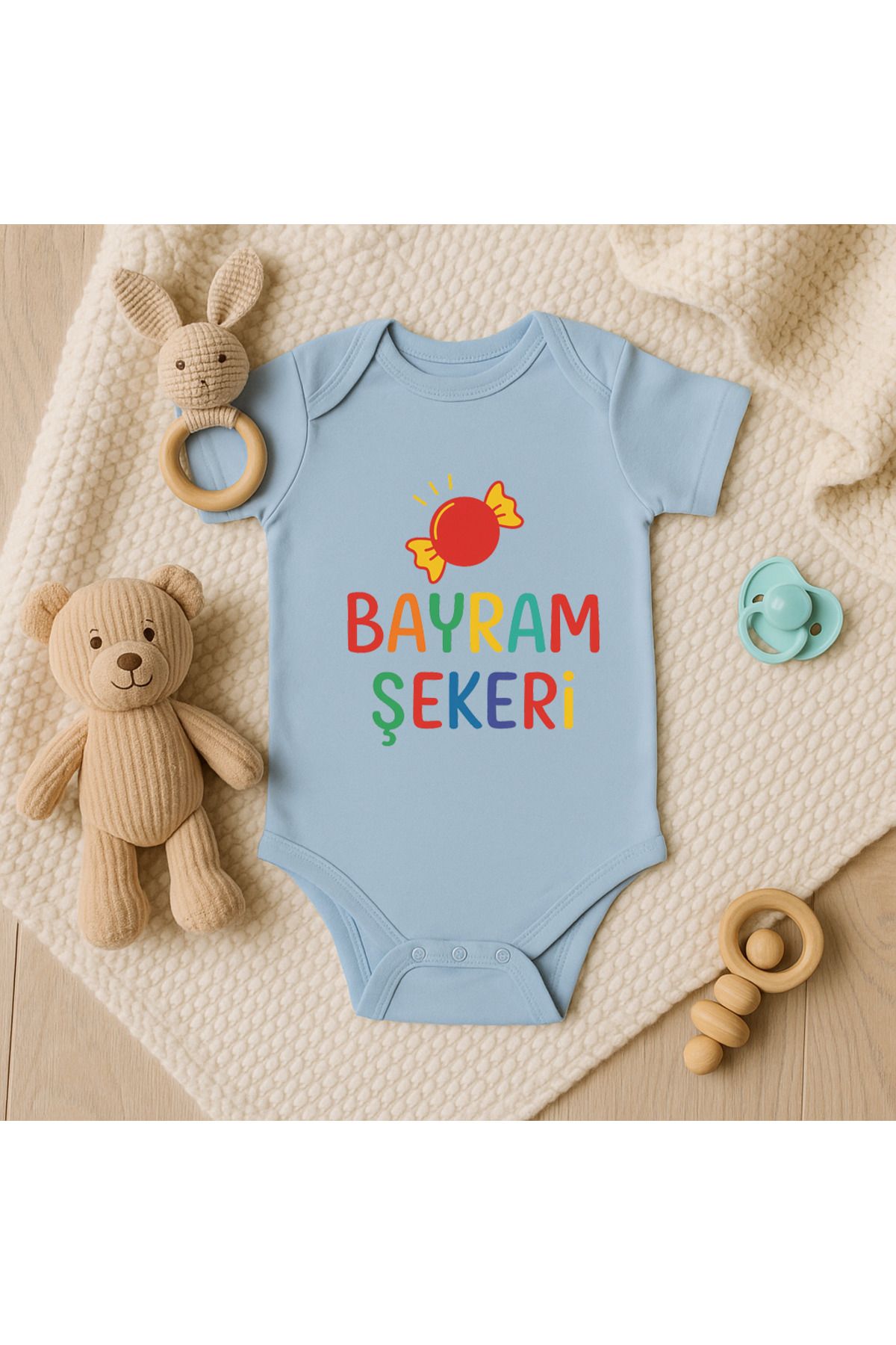 Magic Bravo %100 Pamuk Bayram Şekeri Baskılı Mavi Bebek Çıtçıtlı Badi Zıbın Body
