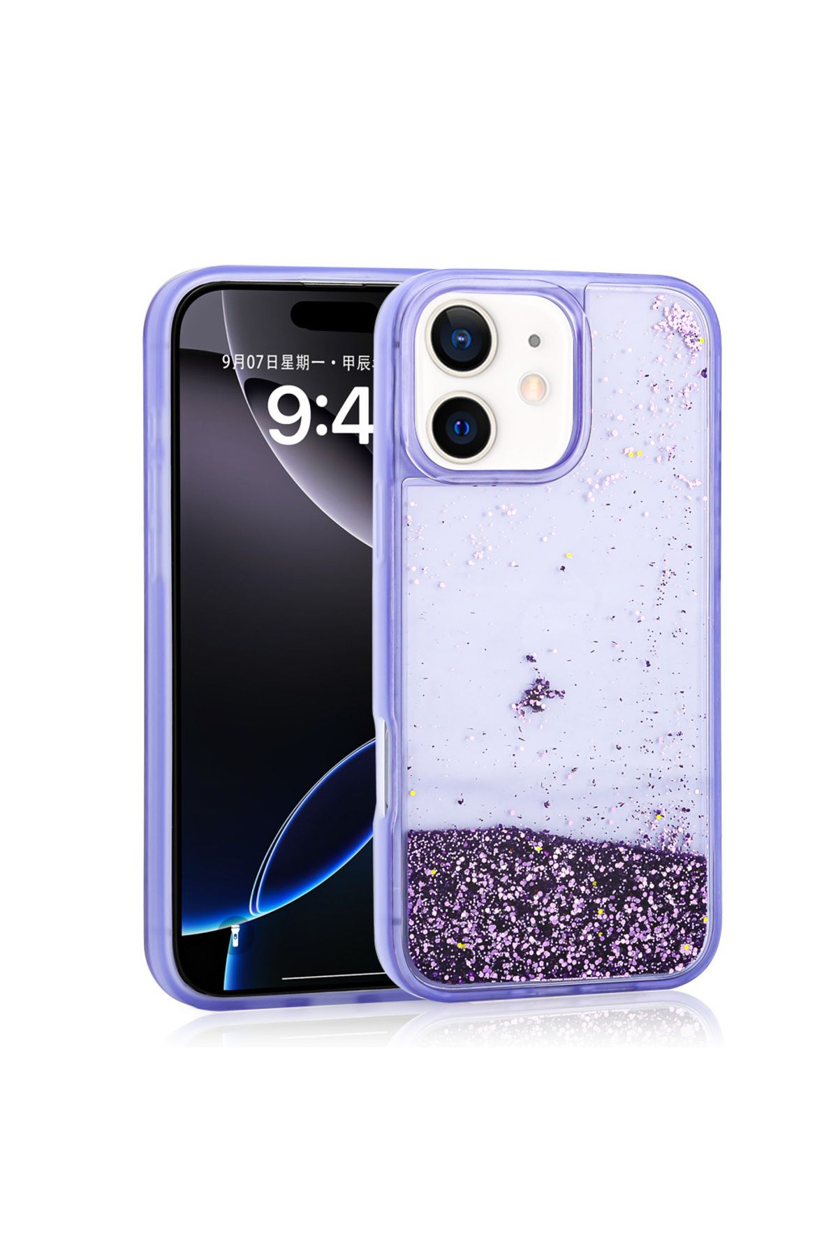 System Com iPhone 12 Kılıf Sıvılı Simli Şeffaf Arka Yüzey SYS Keto Silikon Kapak - Mor