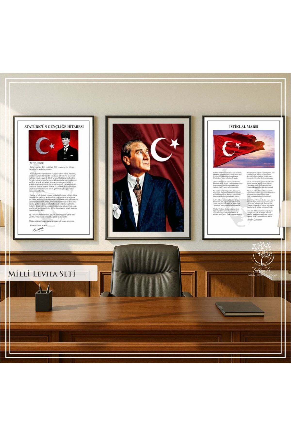 Tablomtr Dijital Baskılı Metal Çerçeveli Gercek Camlı 3'lü Tablo - Milli Levha Seti