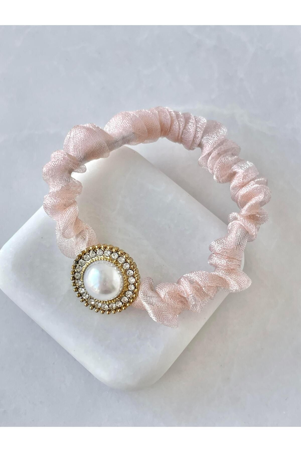 Seda Bijuteri İnci ve Gömme Taşlı Tül Scrunchie Toka Pembe