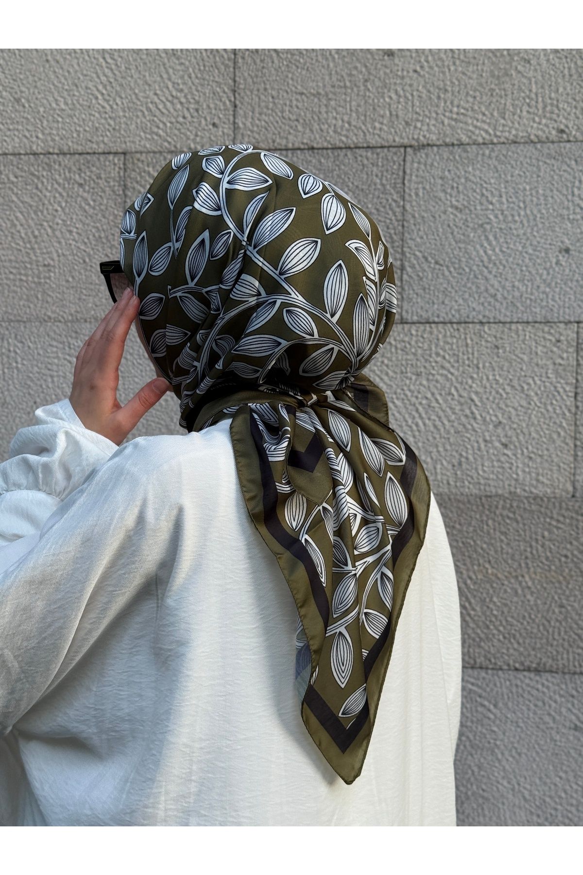 Qalortex Scarf Pamuklu Soft Yaprak Desen Eşarp-Haki