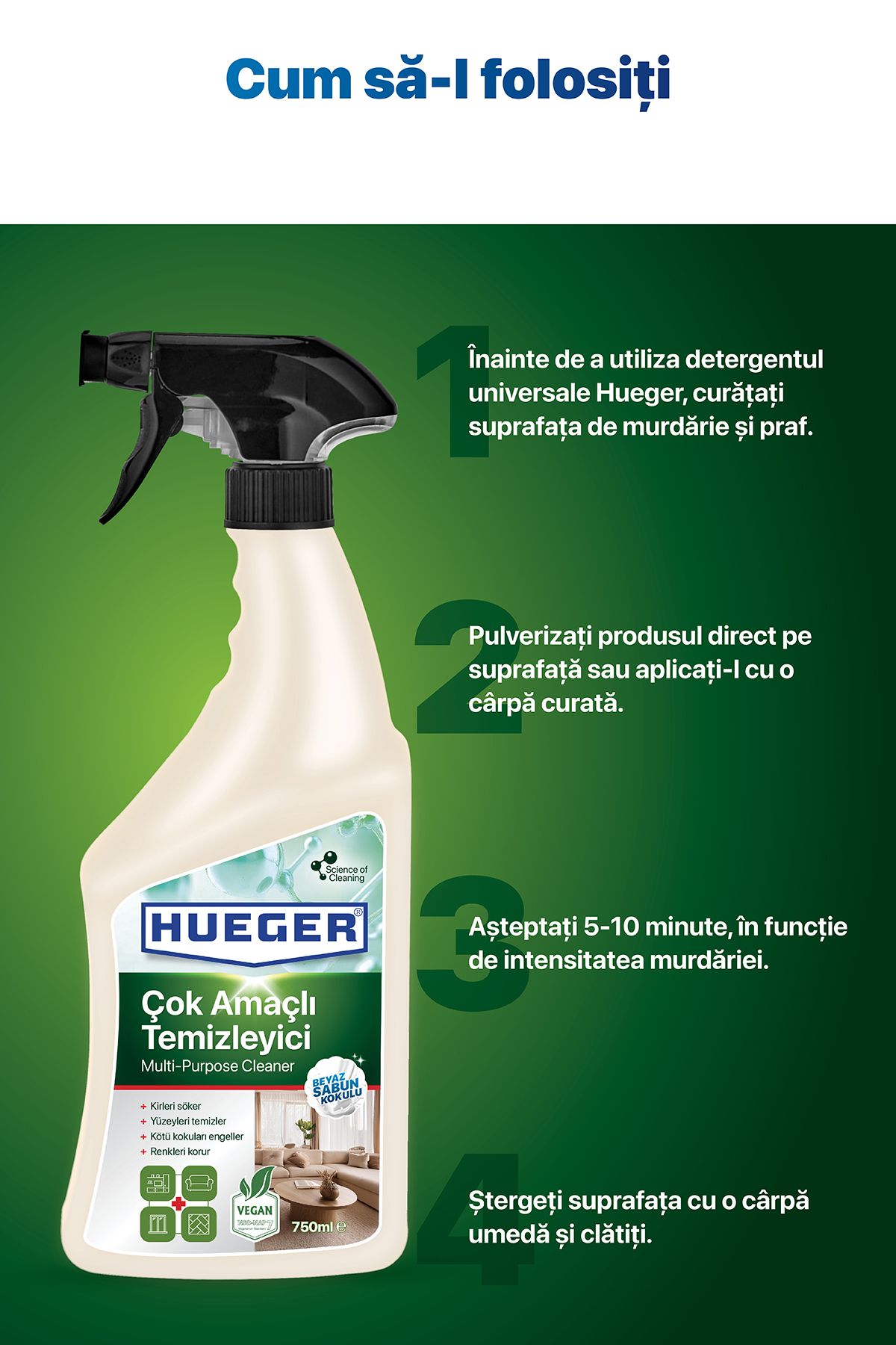 Hueger-Detergent Vegan Multi-funcțional, Spumă & Pulverizator, Cu Parfum De Săpun Alb, 750 ml 3