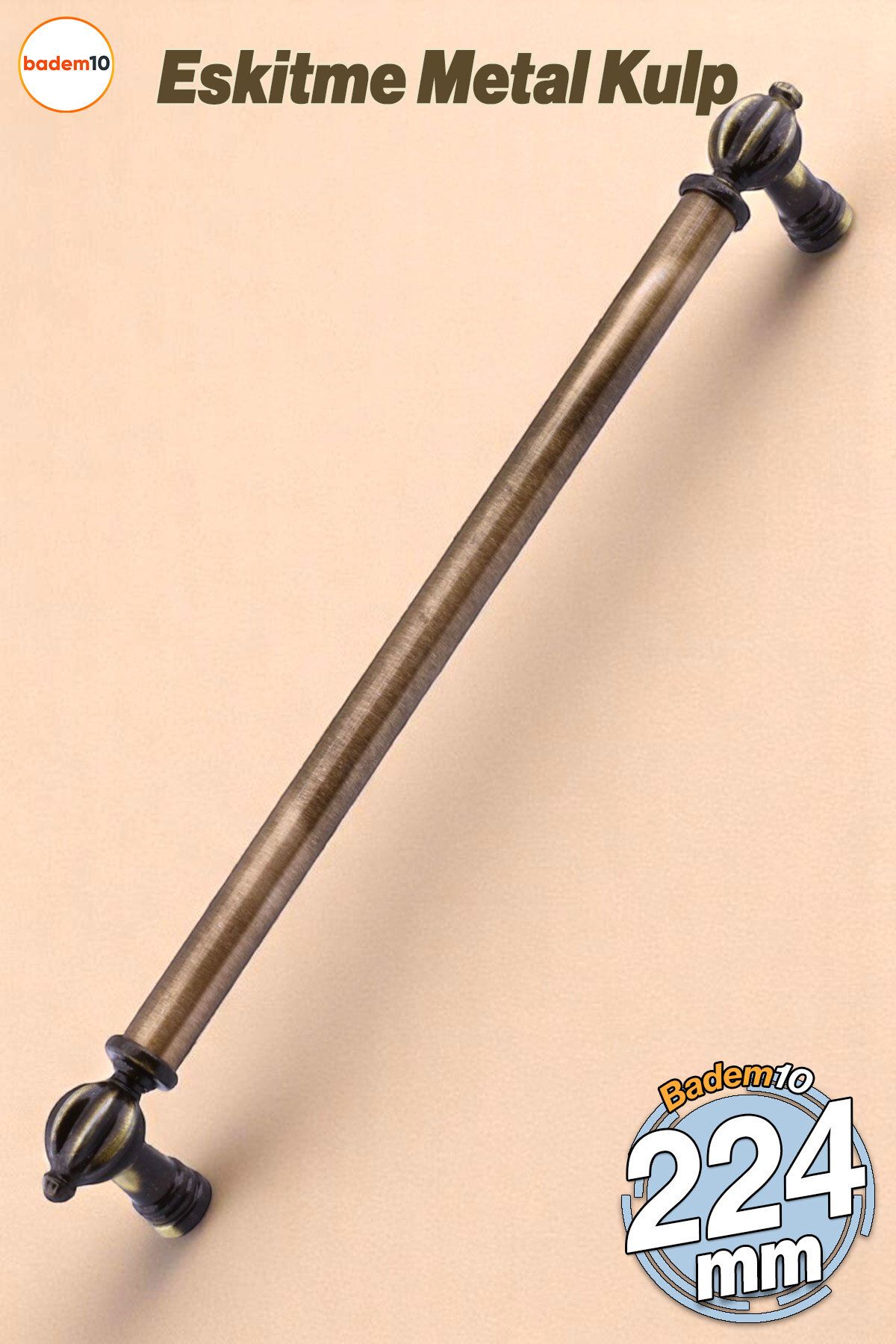 Badem10 Defne Metal Eskitme Antik Sarı Kulp 224 mm Mobilya Çekmece Mutfak Dolabı Dolap Kulpları Kulb Kulpu