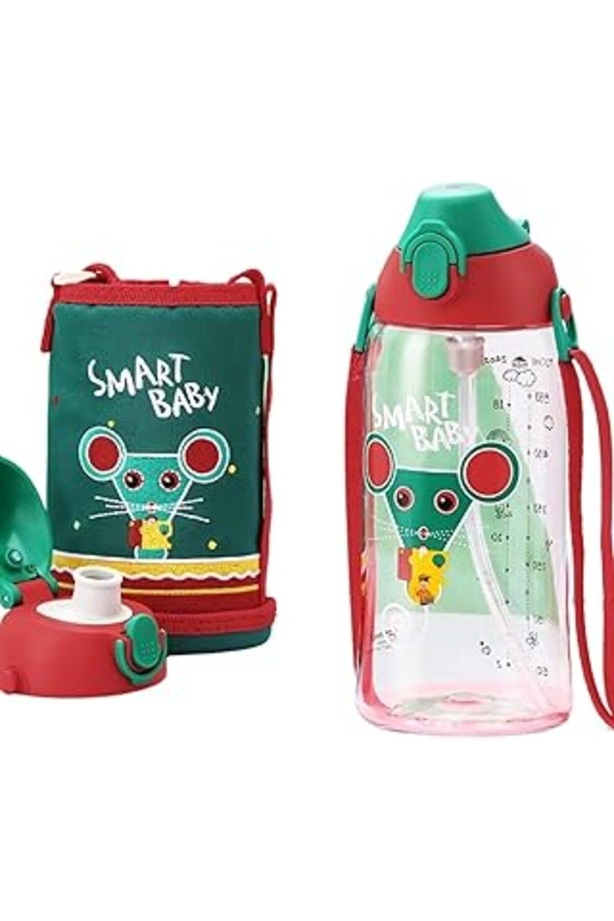 Mu Art Ahşap Uzspace Büyük Boy 700Ml Kılıflı Askılı Pipetli/Pipetsiz Iki Ayrı Kapaklı Tritan Çocuk Matarası (Sma