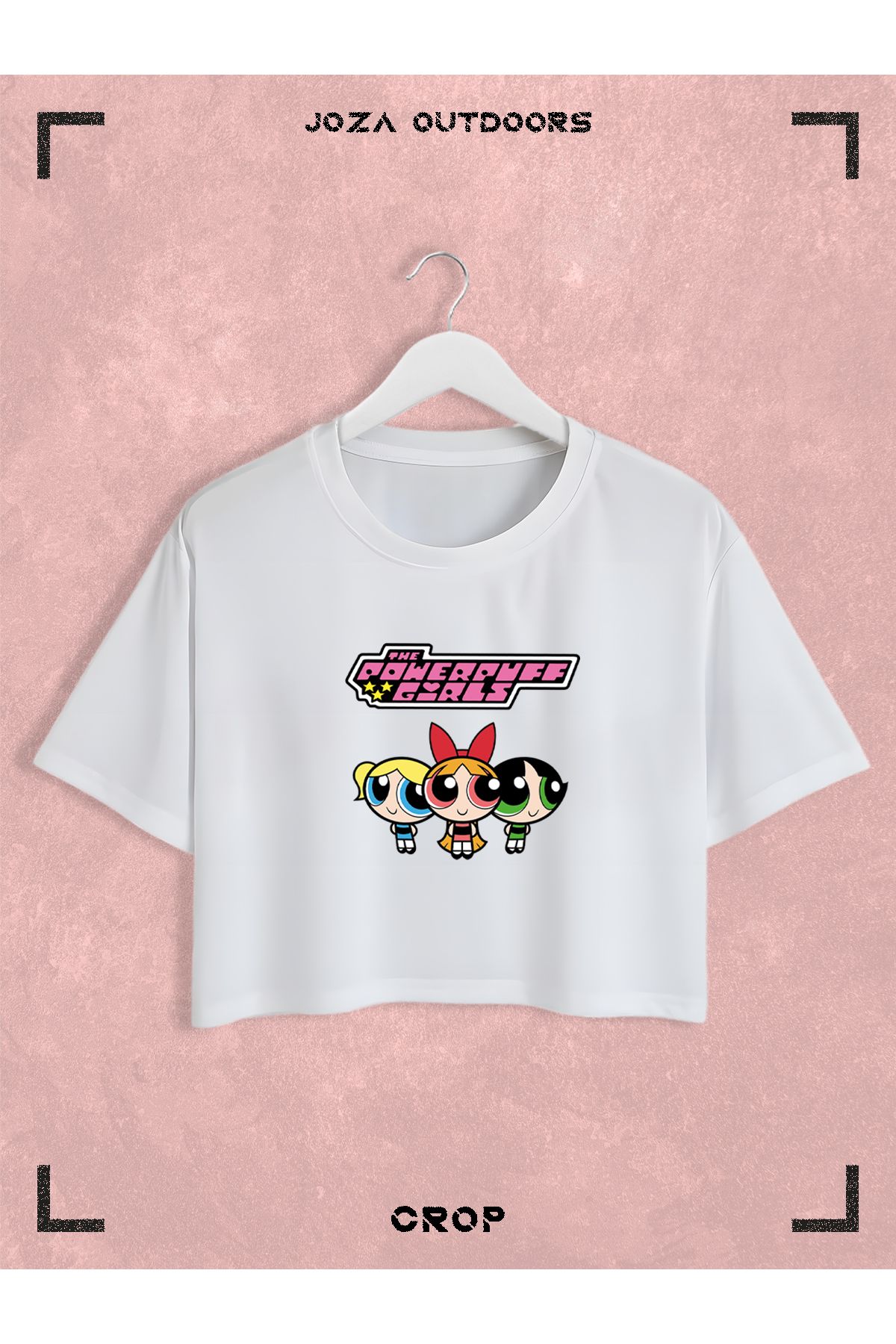 Jobia Outdoors Kadın Pamuklu Renkli Powerpuff Girls Baskılı Bisiklet Yaka Oversize Salaş Kesim Crop T-shirt