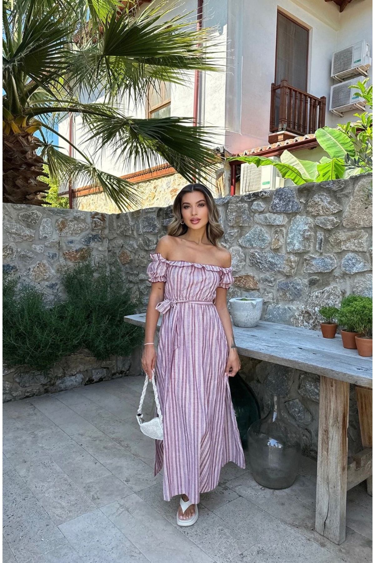 ASM Fashion KADIN MADONNA YAKA BELİ KEMERLİ ÇİZGİLİ ELBİSE