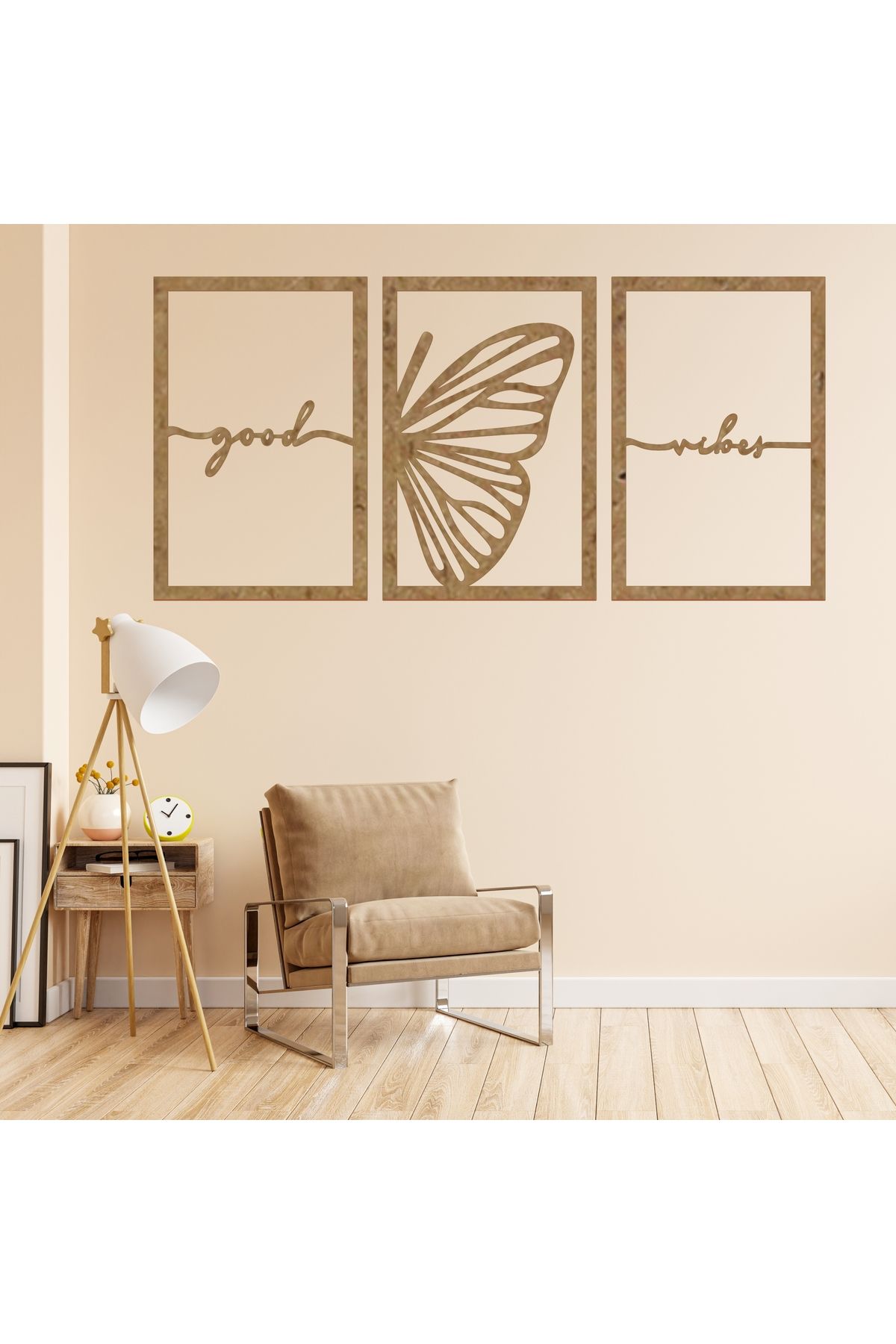 Grand Fine Art Üç Parça Renkli MDF Tablo Good Vibes Kelebek