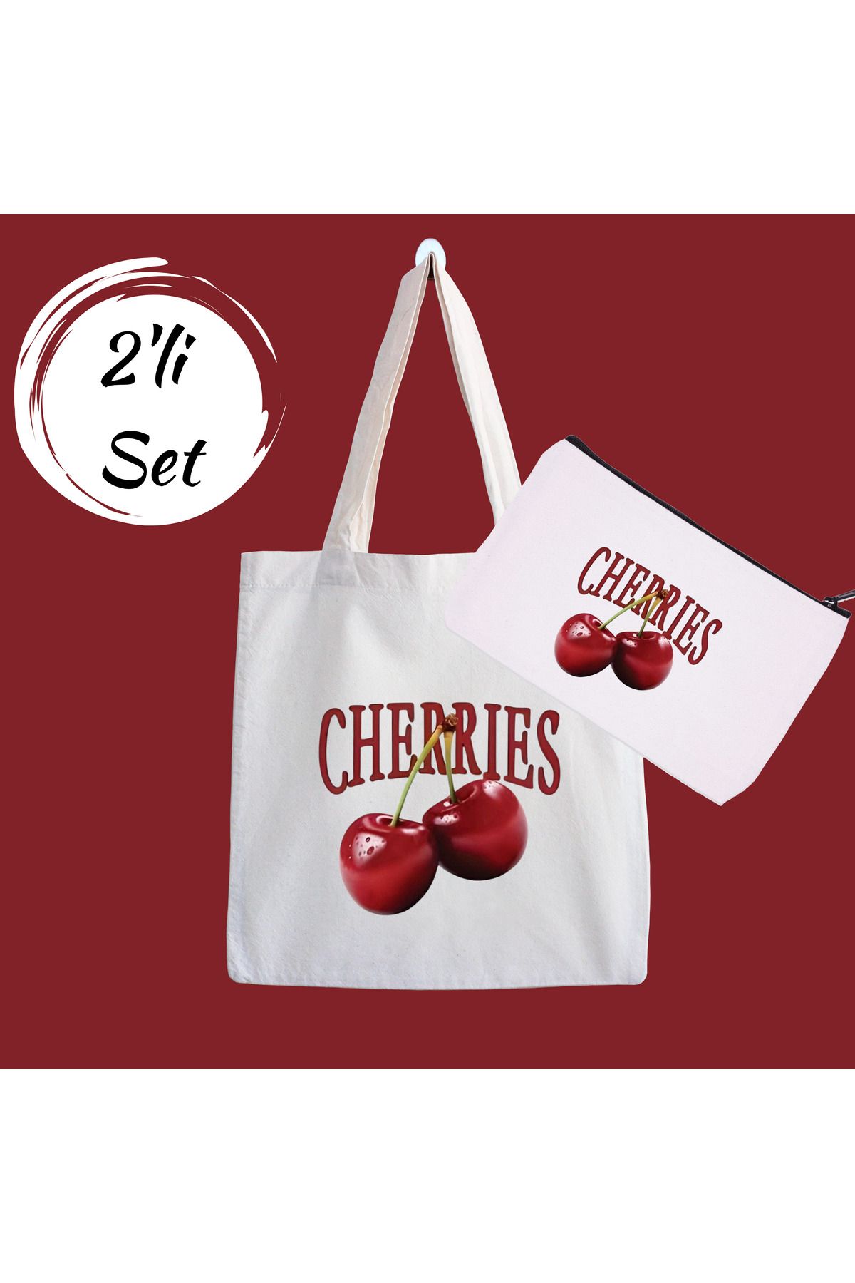 designedfy Cherries Kampanyalı 2'li Bez Çanta ve Makyaj Çantası Seti