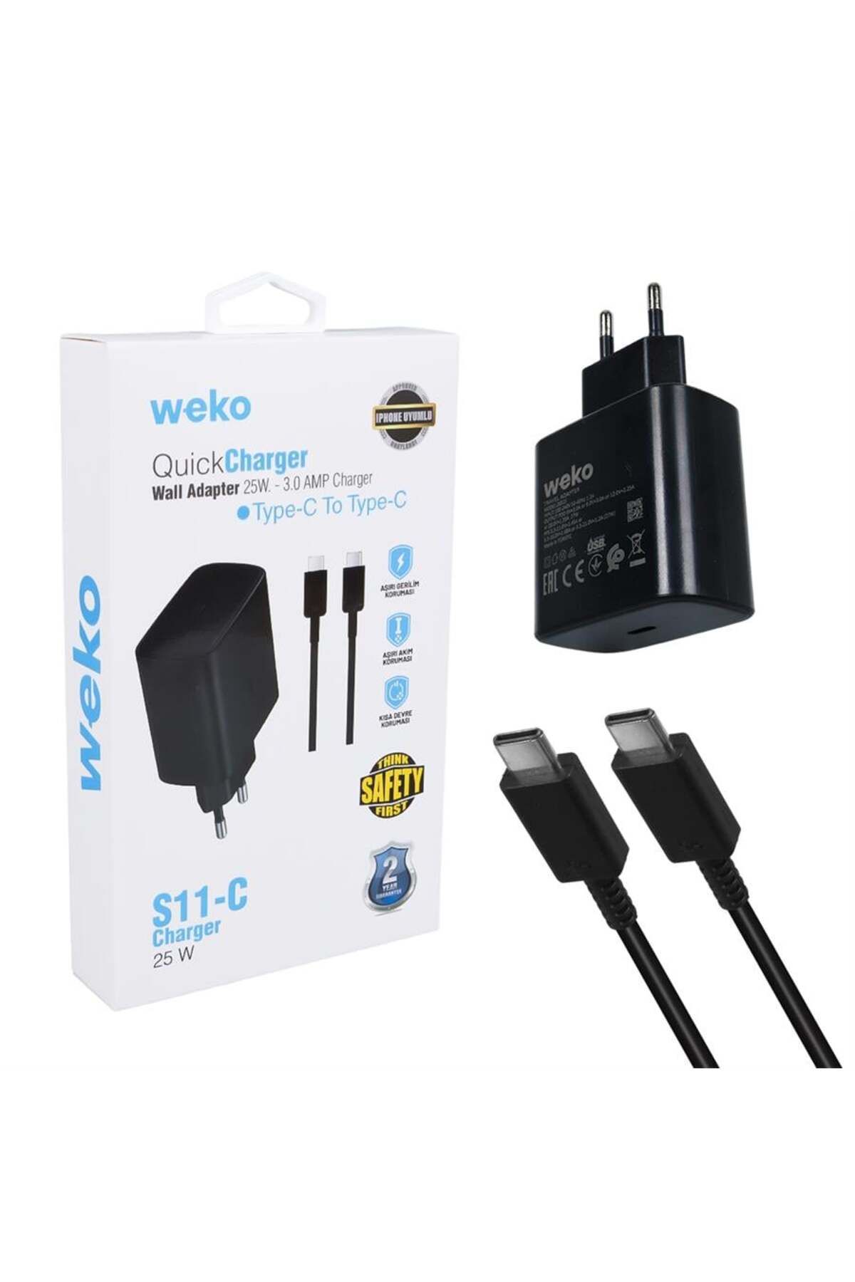 WEKO Wk-26523 S11-C 25 Watt Siyah Şarj Başlık Adaptörü + Type-C To Type-C Kablo