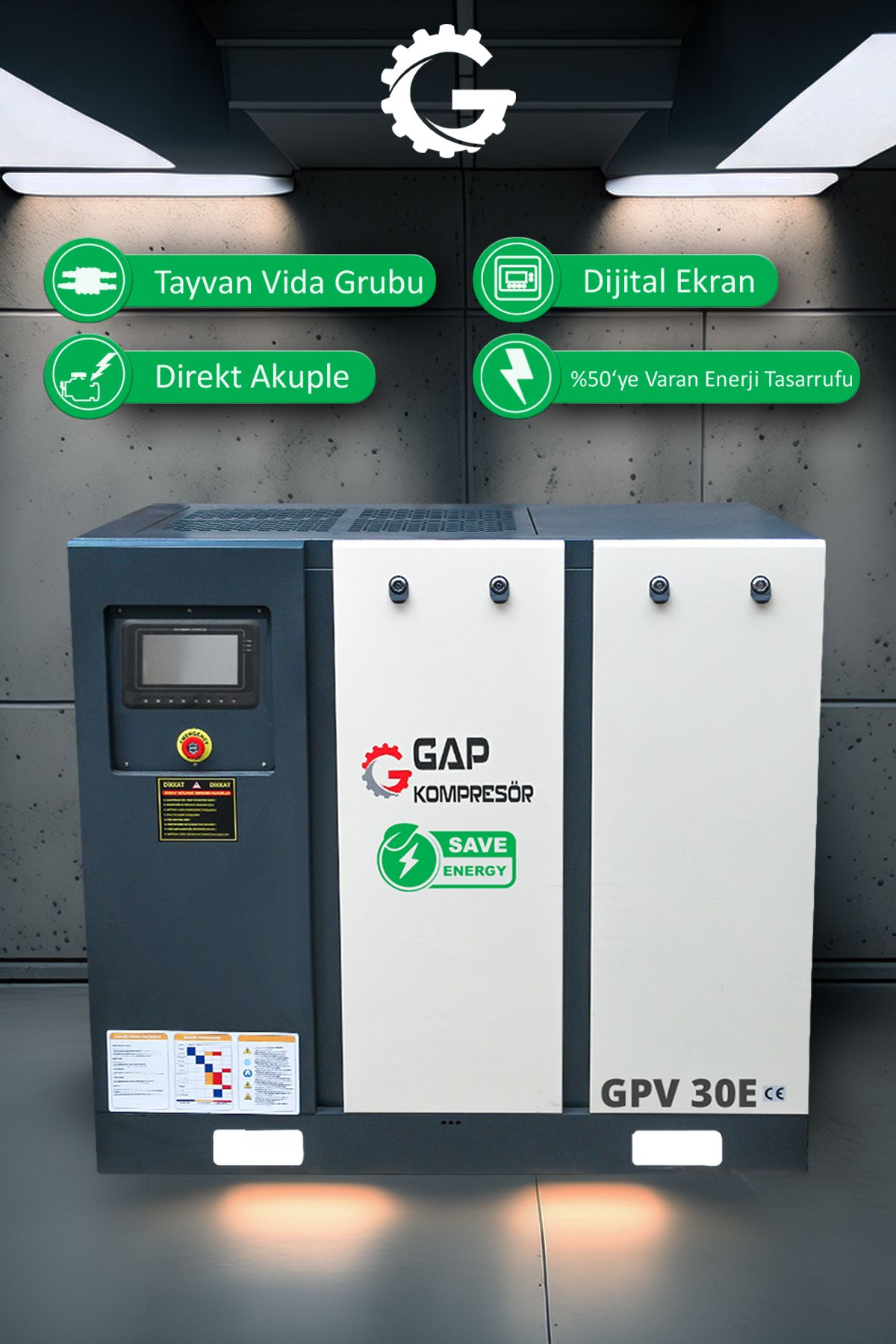 GAP KOMPRESÖR İnvertörlü Vidalı Hava Kompresörü 30Hp 1000Lt GPV30E