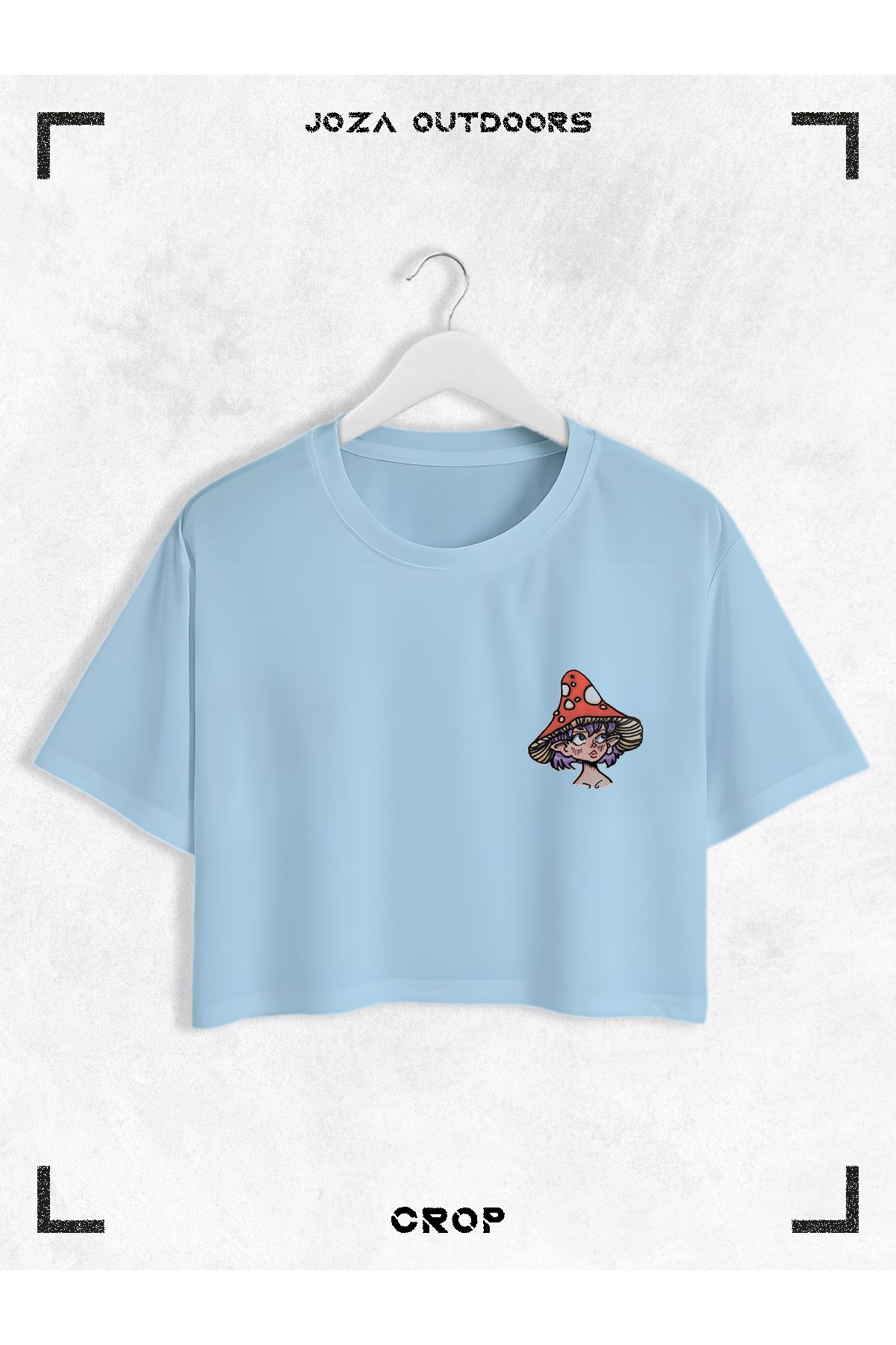 Jobia Outdoors Kadın Pamuklu Renkli Mantar Kız Göğüs Baskılı Bisiklet Yaka Oversize Salaş Kesim Crop T-shirt
