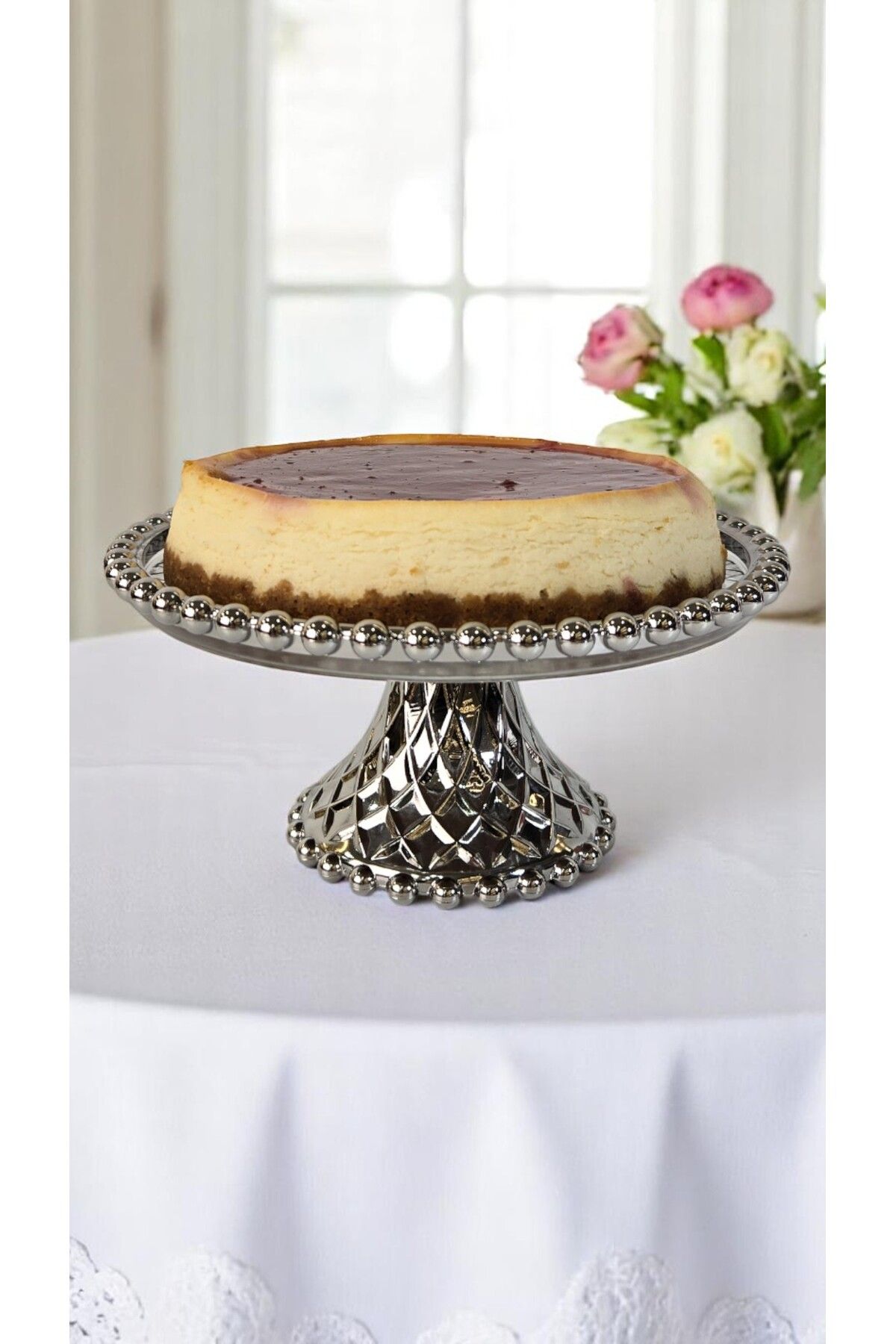 Ornamenti Tile Boncuk Kenar Ayaklı Kek, Pasta Standı Sunumluk Küçük, 19.5cm