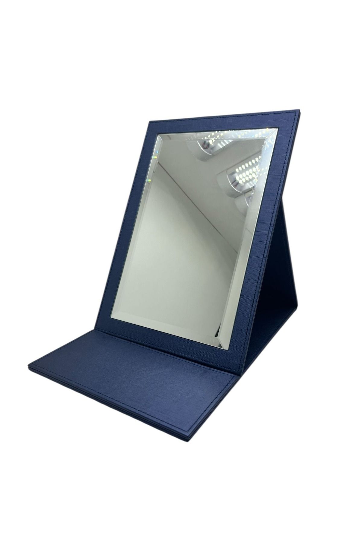 MeGass Dekor Deri Kumaş Kaplama Lacivert Renk Katlanabilir Ayaklı Takı Ve Makyaj Aynası 31*x31 Cm