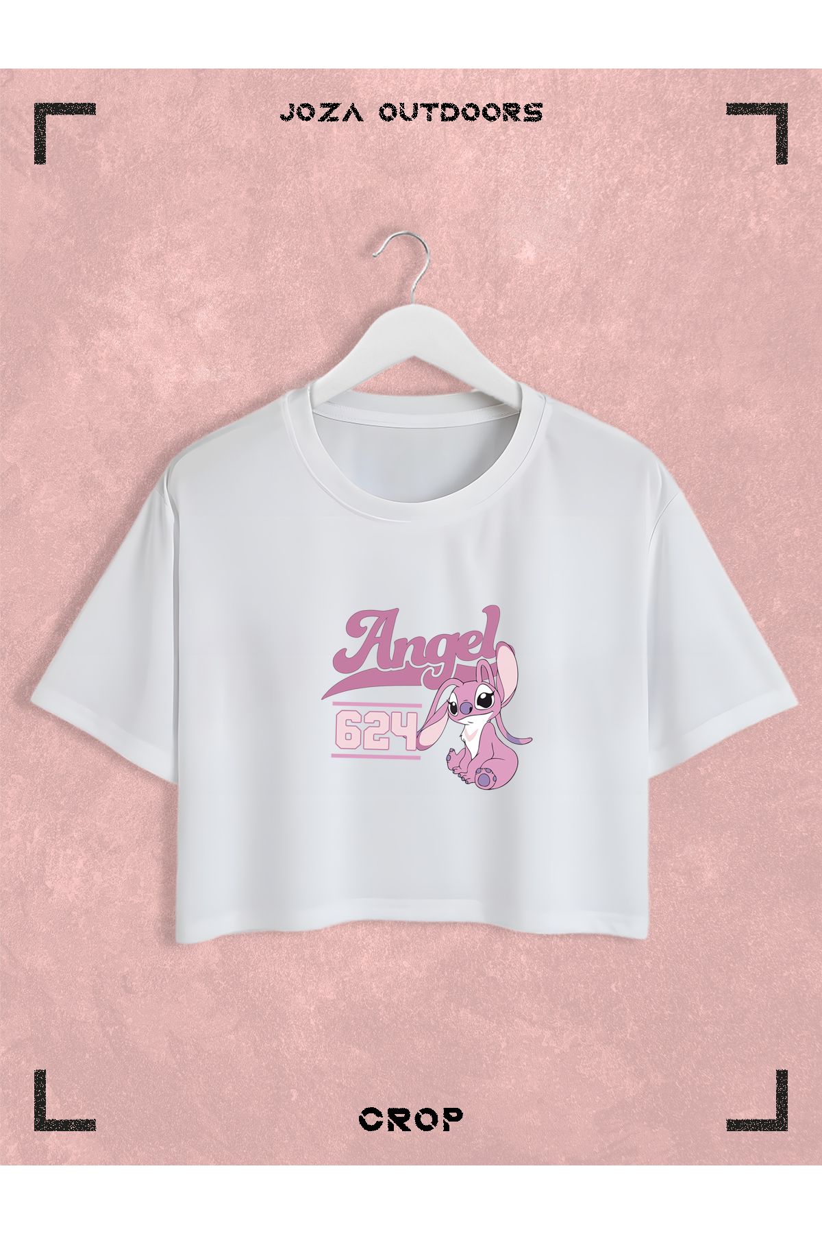 Jobia Outdoors Kadın Pamuklu Renkli Angel ve Stitch Baskılı Bisiklet Yaka Oversize Salaş Kesim Crop T-shirt