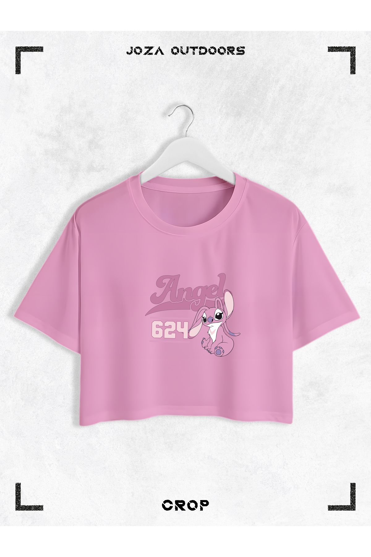 Jobia Outdoors Kadın Pamuklu Renkli Angel ve Stitch Baskılı Bisiklet Yaka Oversize Salaş Kesim Crop T-shirt