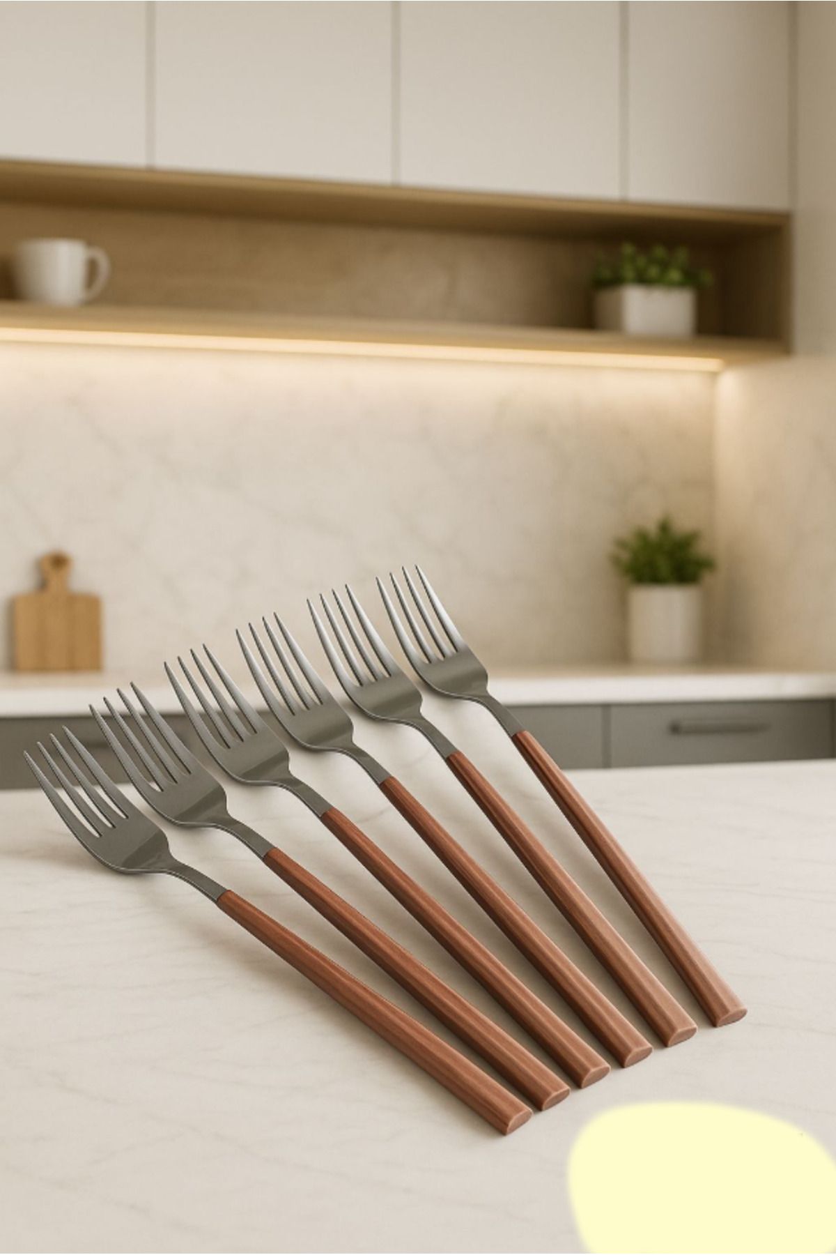 AYGÖREN HOME 6 Adet Ahşap Bambu Görünümlü Plastik Detaylı Yemek Çatal Takımı | 6 Parça Lüks Yemek Çatal Seti