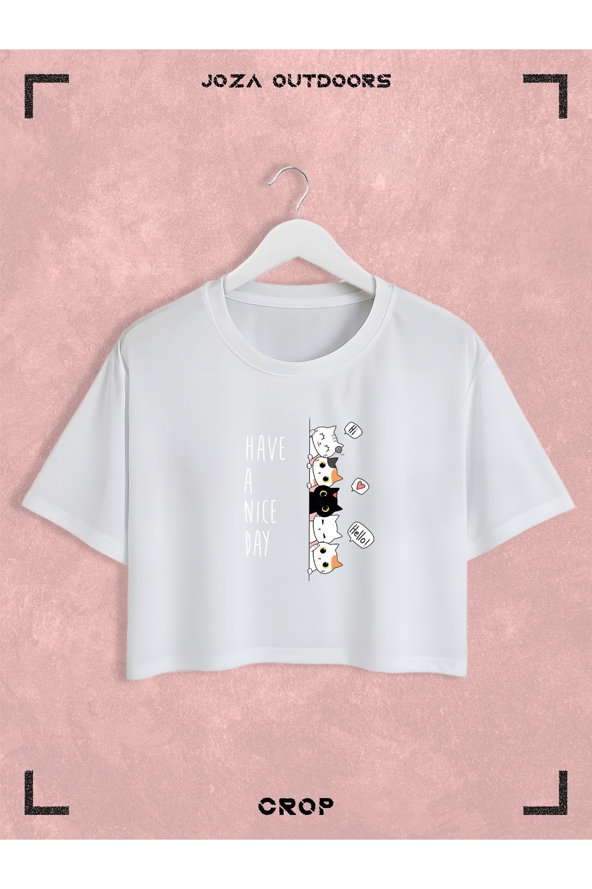 Jobia Outdoors Kadın Pamuklu Have A Nice Day Kediler Baskılı Bisiklet Yaka Oversize Salaş Kesim Crop T-shirt