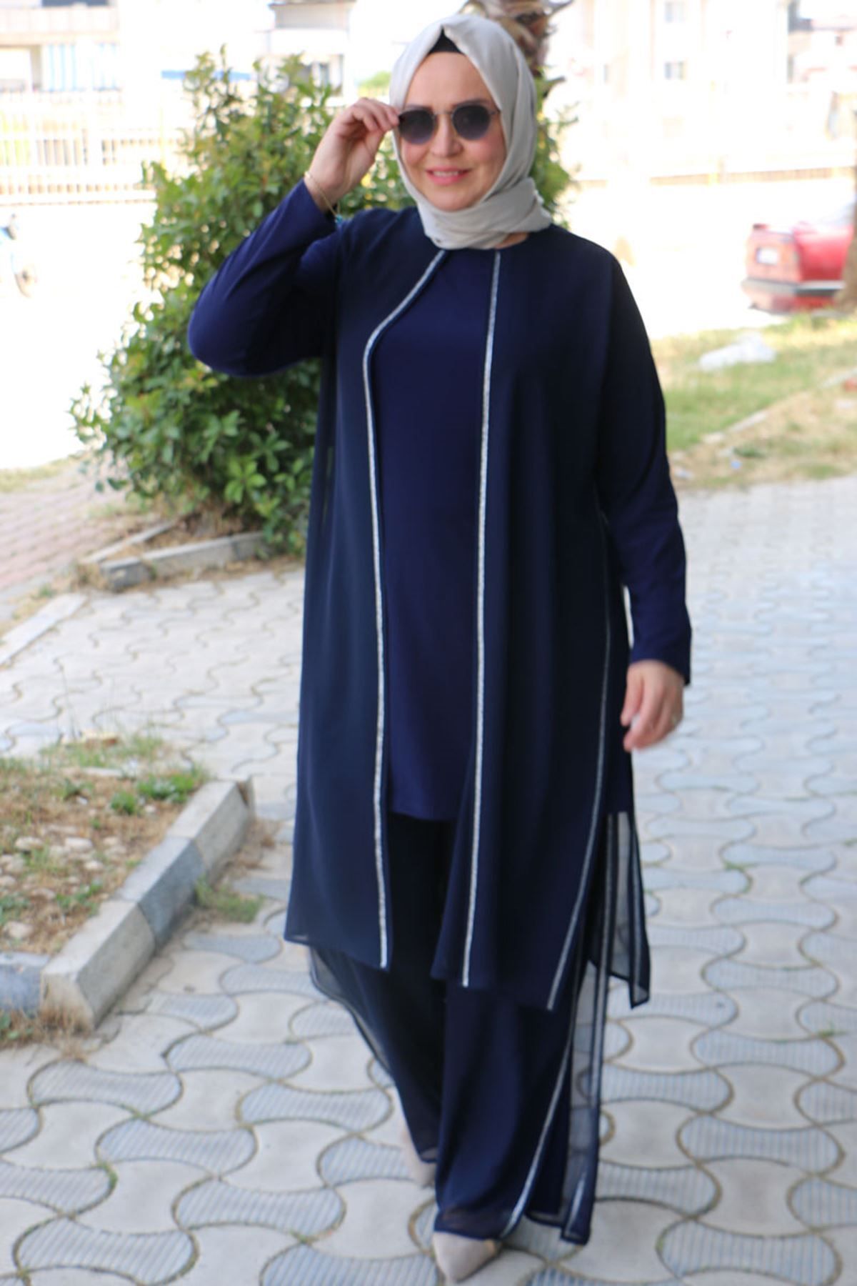 Eslina 47048 Büyük Beden Taş Detaylı Sandy-Şifon Pantolonlu Takım - Lacivert