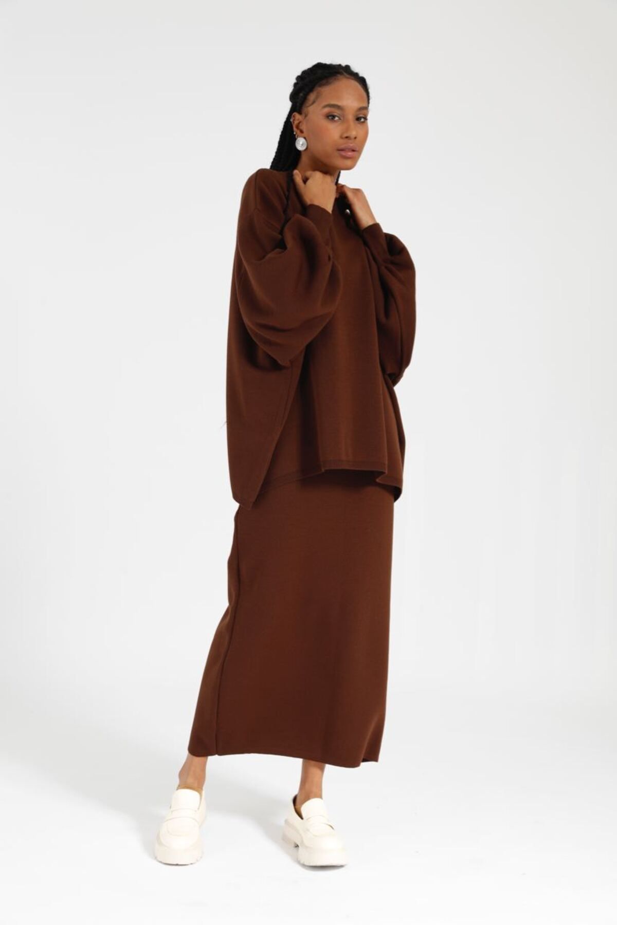 Suede Style 30240 - Şık Rahat Salaş Triko Etekli Kadın Takımı