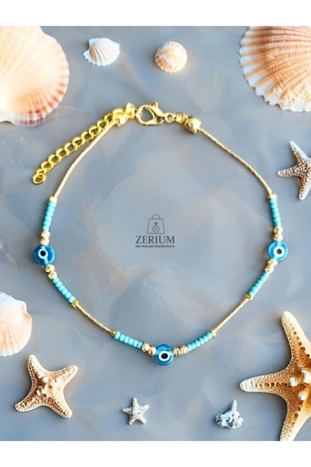 ZERİUM Miyoki Boncuklu Nazar Halhal – 22 cm Zarif Turkuaz