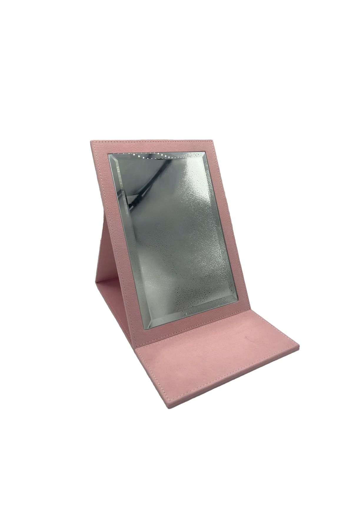 MeGass Dekor Deri Kumaş Kaplama Pembe Renk Katlanabilir Ayaklı Takı Ve Makyaj Aynası 31*x31 Cm