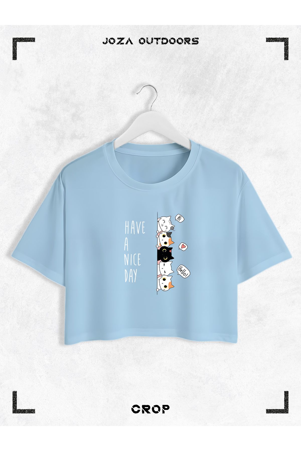 Jobia Outdoors Kadın Pamuklu Have A Nice Day Kediler Baskılı Bisiklet Yaka Oversize Salaş Kesim Crop T-shirt