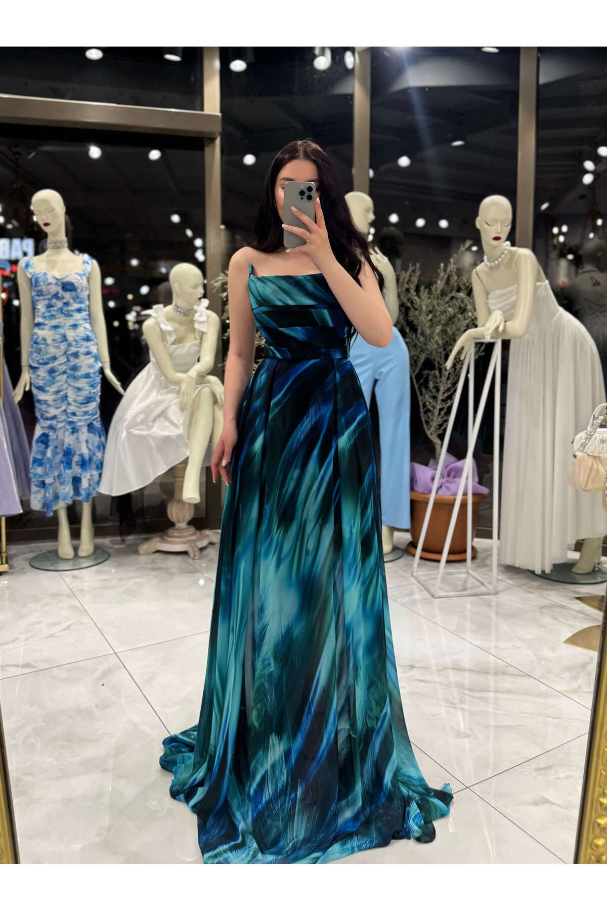 missswans Allura Desenli Renkli Straplez YanLarı Şeffaf Detay Şifon Elbise Uzun Maxi Boy Abiye Mint