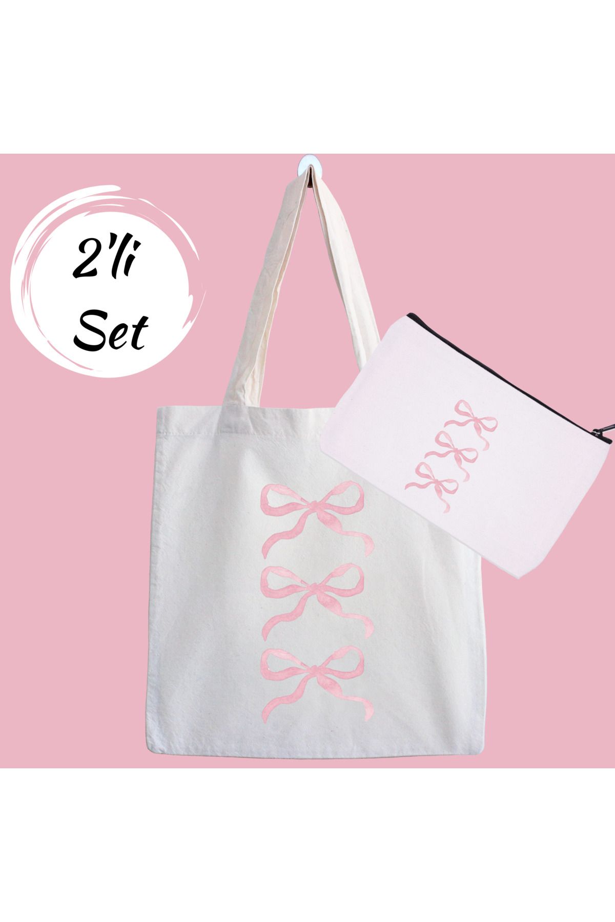 designedfy Pembe Fiyonk Kampanyalı 2'li Bez Çanta ve Makyaj Çantası Seti
