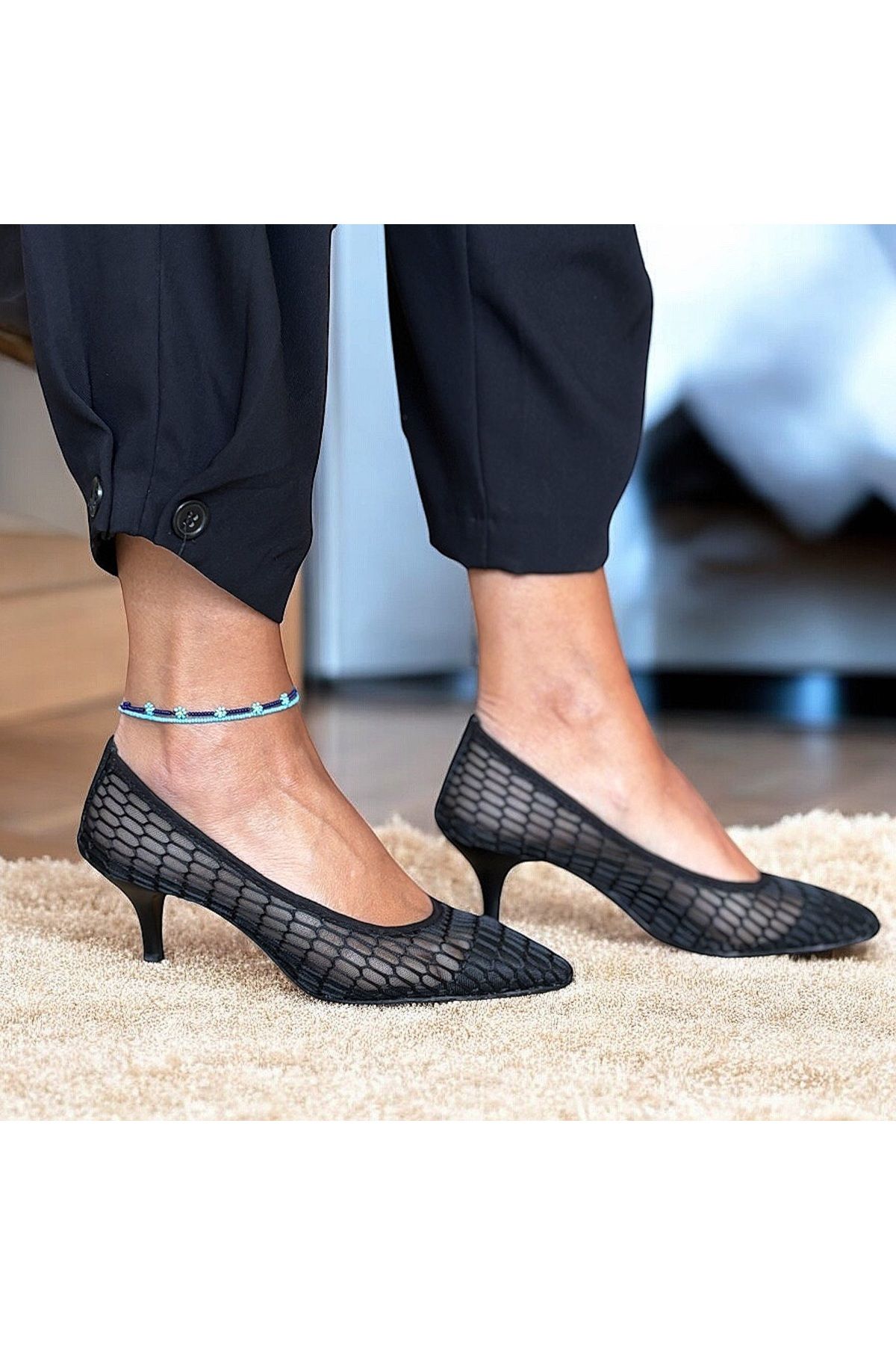 NEVE SHOES Siyah File Rahat Kadın Alçak Ökçe Stiletto