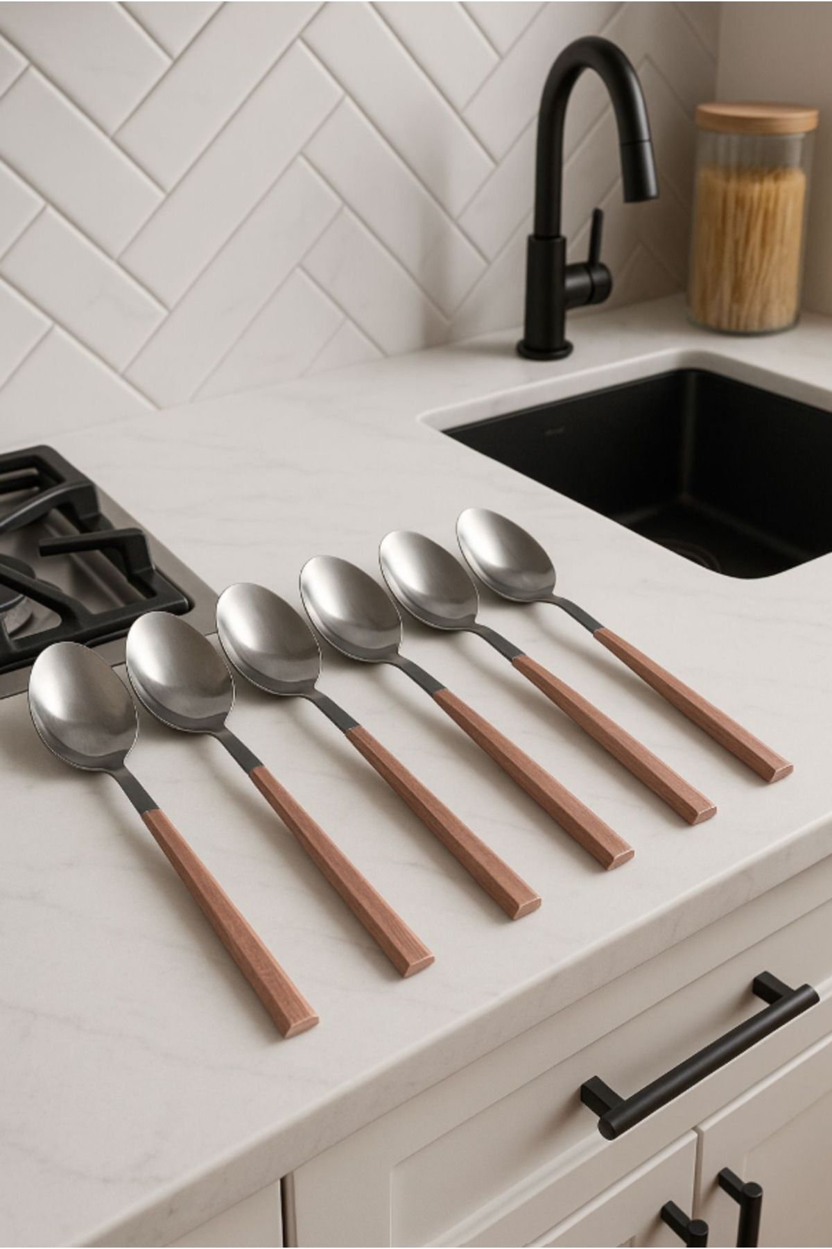 TUMU LIFE 6 Adet Ahşap Bambu Görünümlü Plastik Detaylı Yemek Kaşığı Takımı | 6 Parça Lüks Yemek Kaşığı Seti