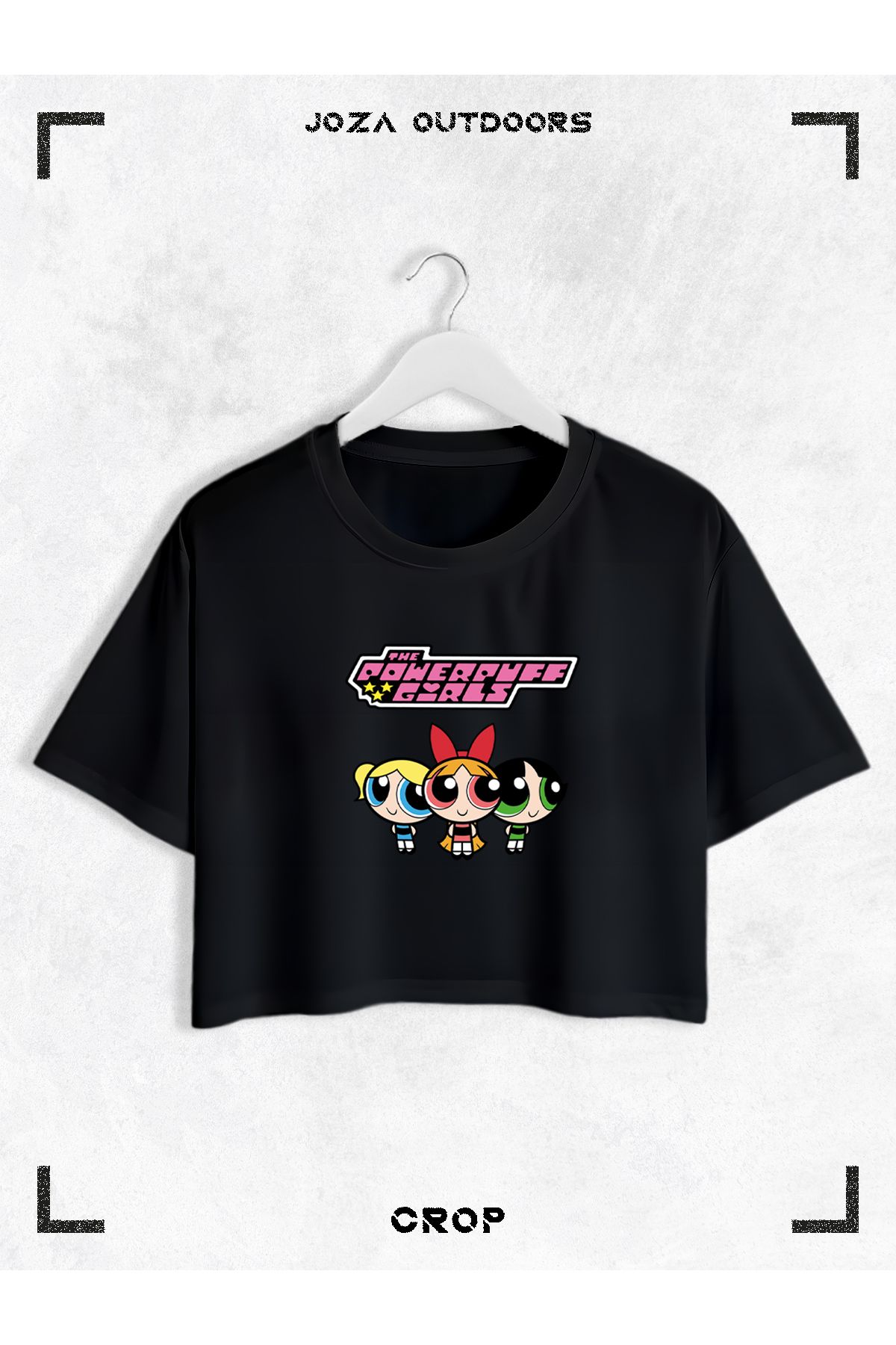 Jobia Outdoors Kadın Pamuklu Renkli Powerpuff Girls Baskılı Bisiklet Yaka Oversize Salaş Kesim Crop T-shirt